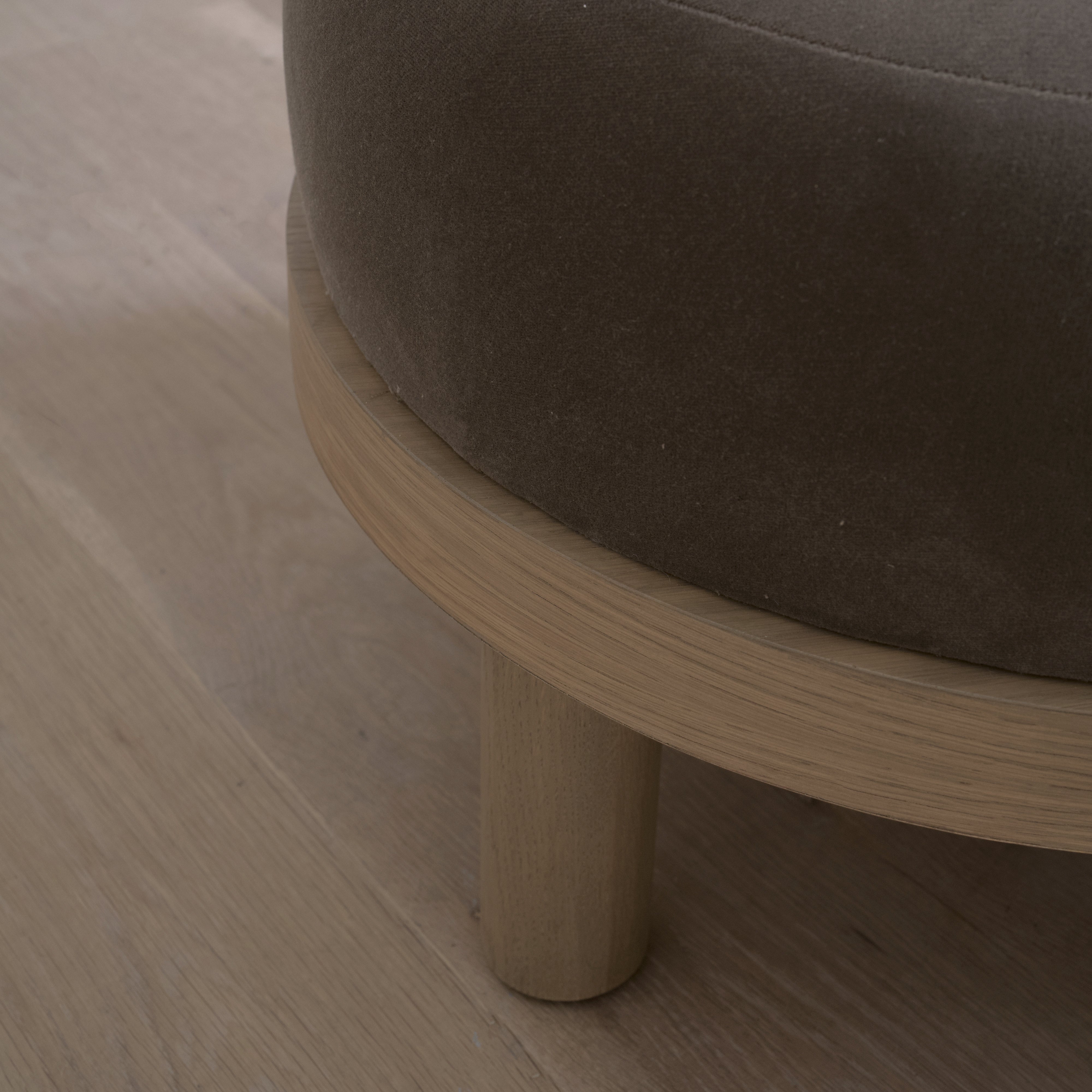 As Shown: 23"Dia x 17"H | Fabric: Sky Taupe | Material: Solid & Engineered Oak | Finish: Hazel