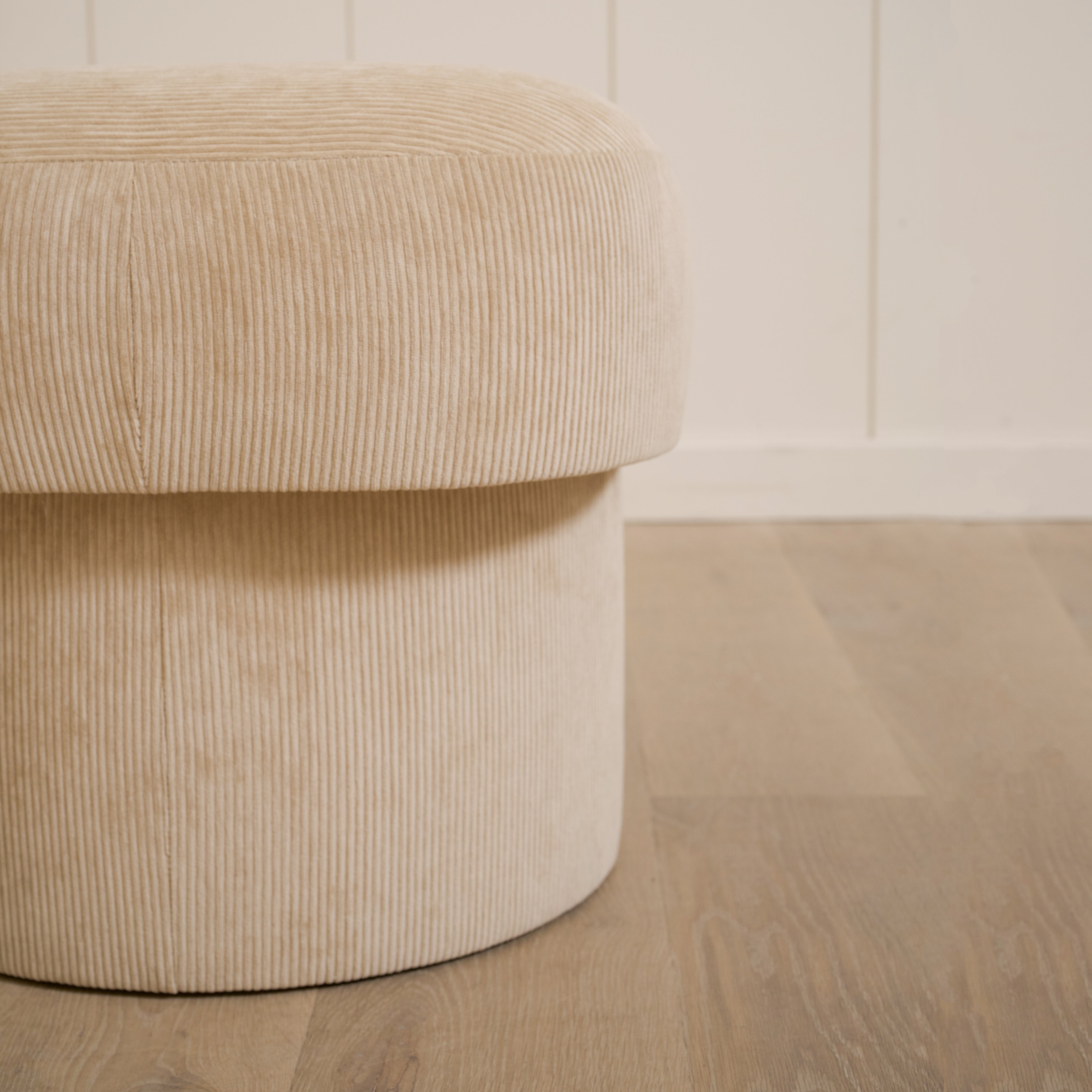 As Shown: 20"L x 20"D x 18"H | Fabric: Mila Cashew | Material: Solid & Engineered Oak | Finish: N/A