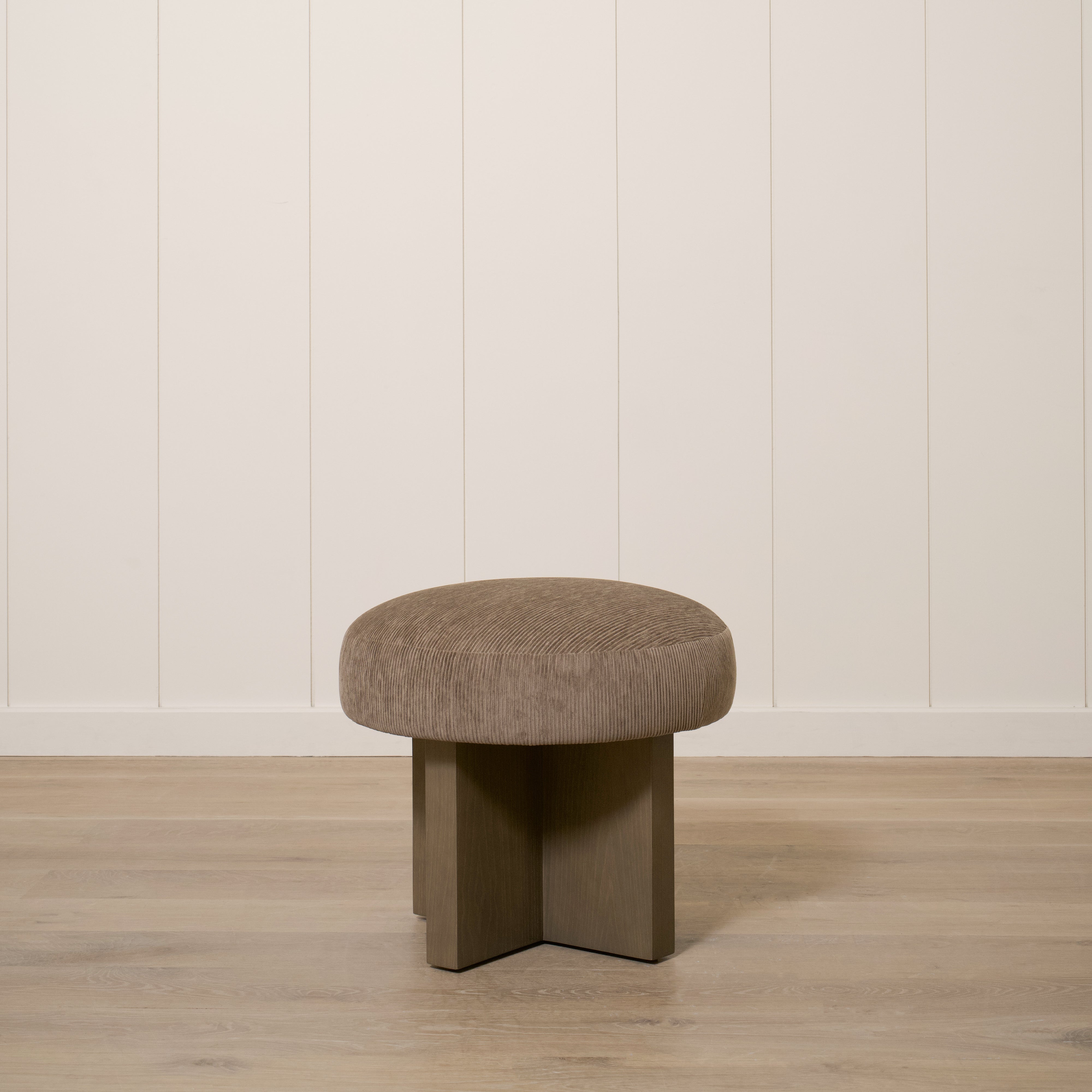 As Shown: 21"Dia x 19"H | Fabric: Mila Driftwood | Material: Solid & Engineered Oak | Finish: Chestnut