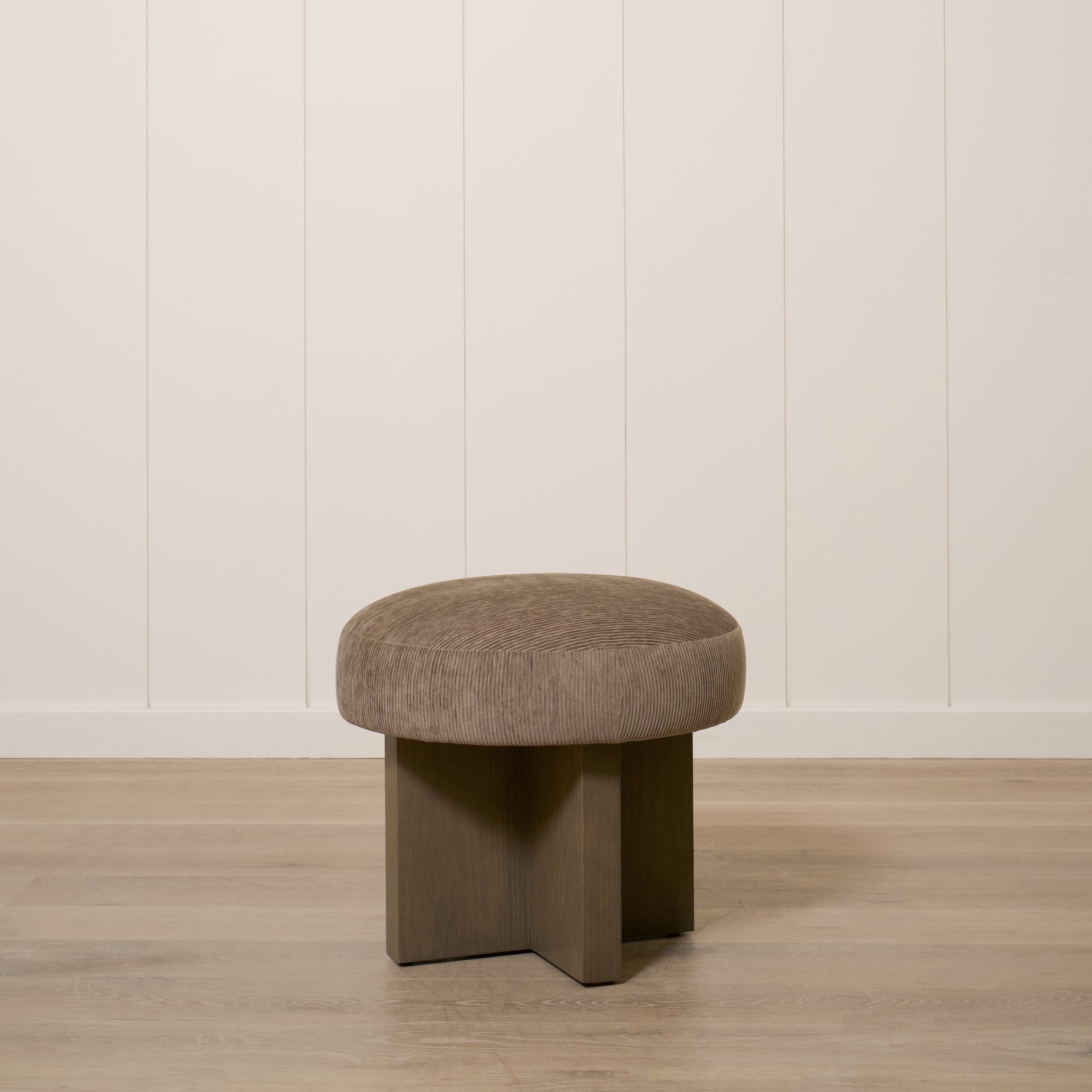 As Shown: 21"Dia x 19"H | Fabric: Mila Driftwood | Material: Solid & Engineered Oak | Finish: Chestnut