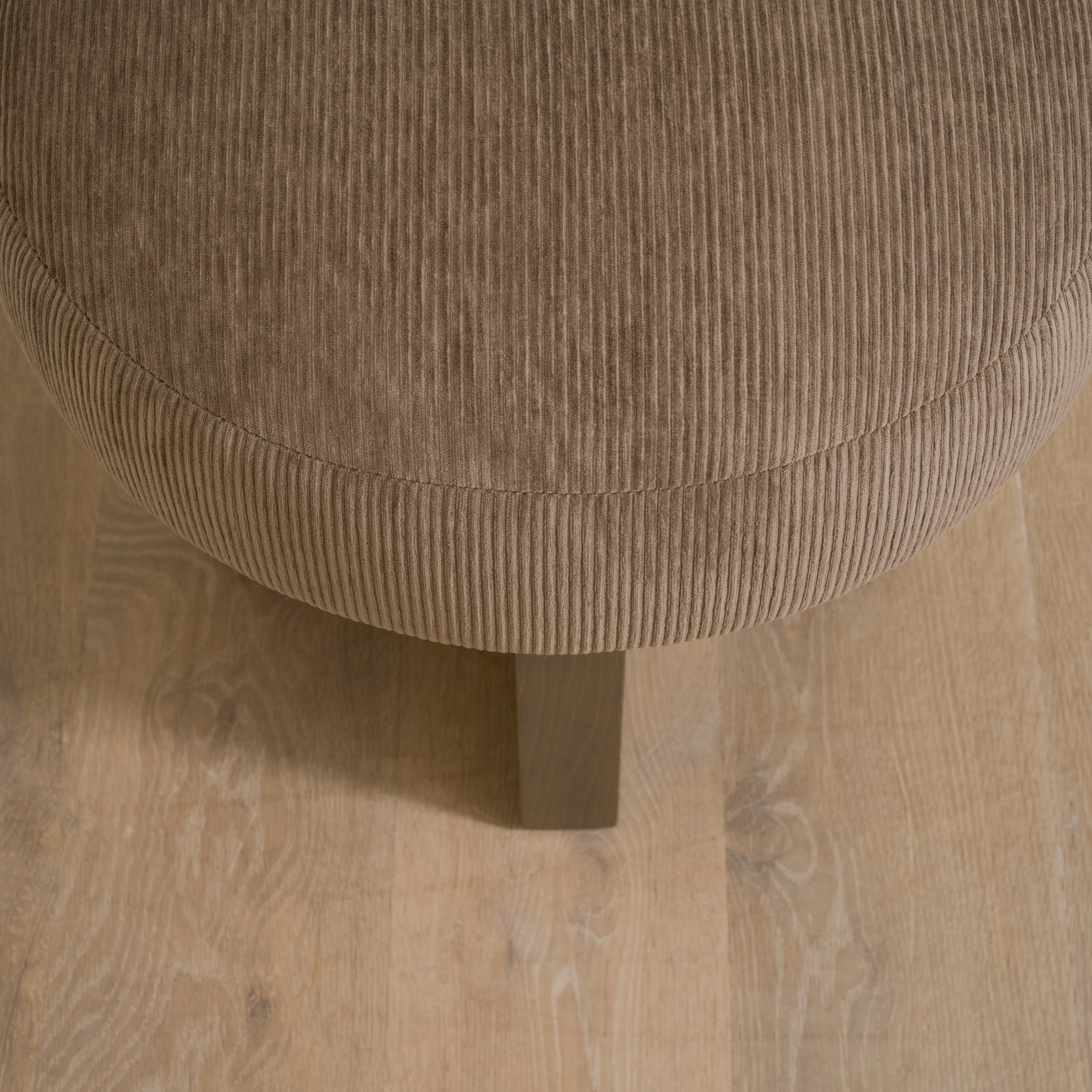 As Shown: 21"Dia x 19"H | Fabric: Mila Driftwood | Material: Solid & Engineered Oak | Finish: Chestnut