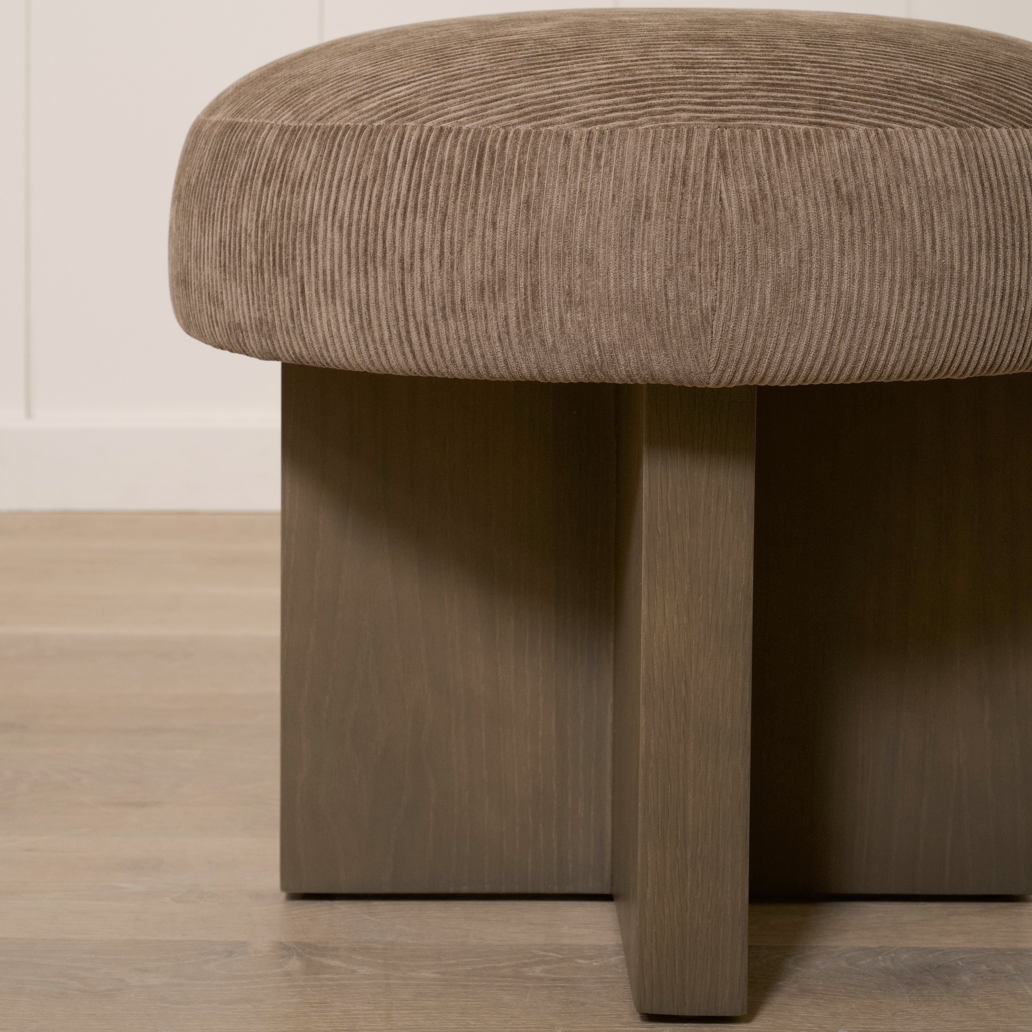 As Shown: 21"Dia x 19"H | Fabric: Mila Driftwood | Material: Solid & Engineered Oak | Finish: Chestnut