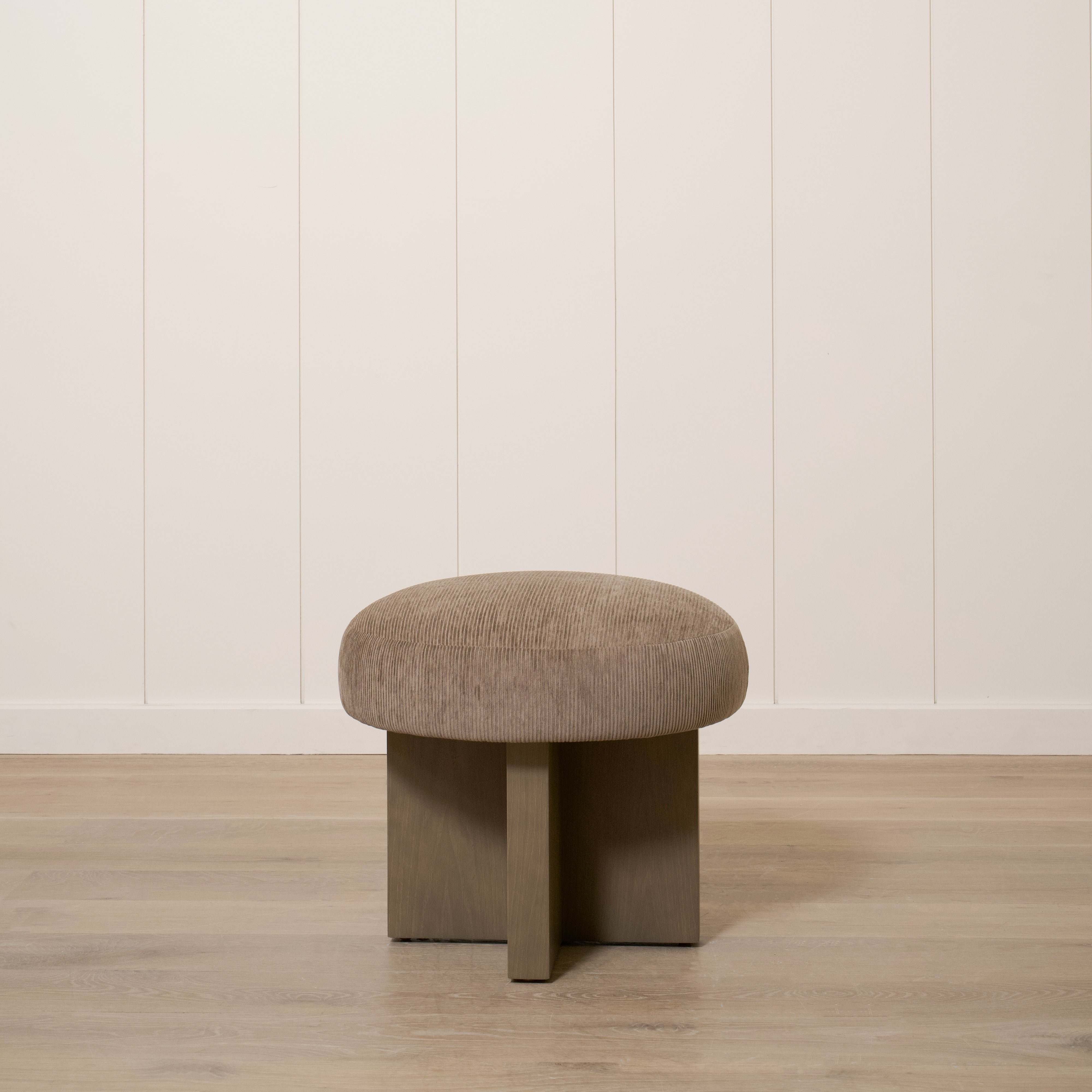 As Shown: 21"Dia x 19"H | Fabric: Mila Driftwood | Material: Solid & Engineered Oak | Finish: Chestnut