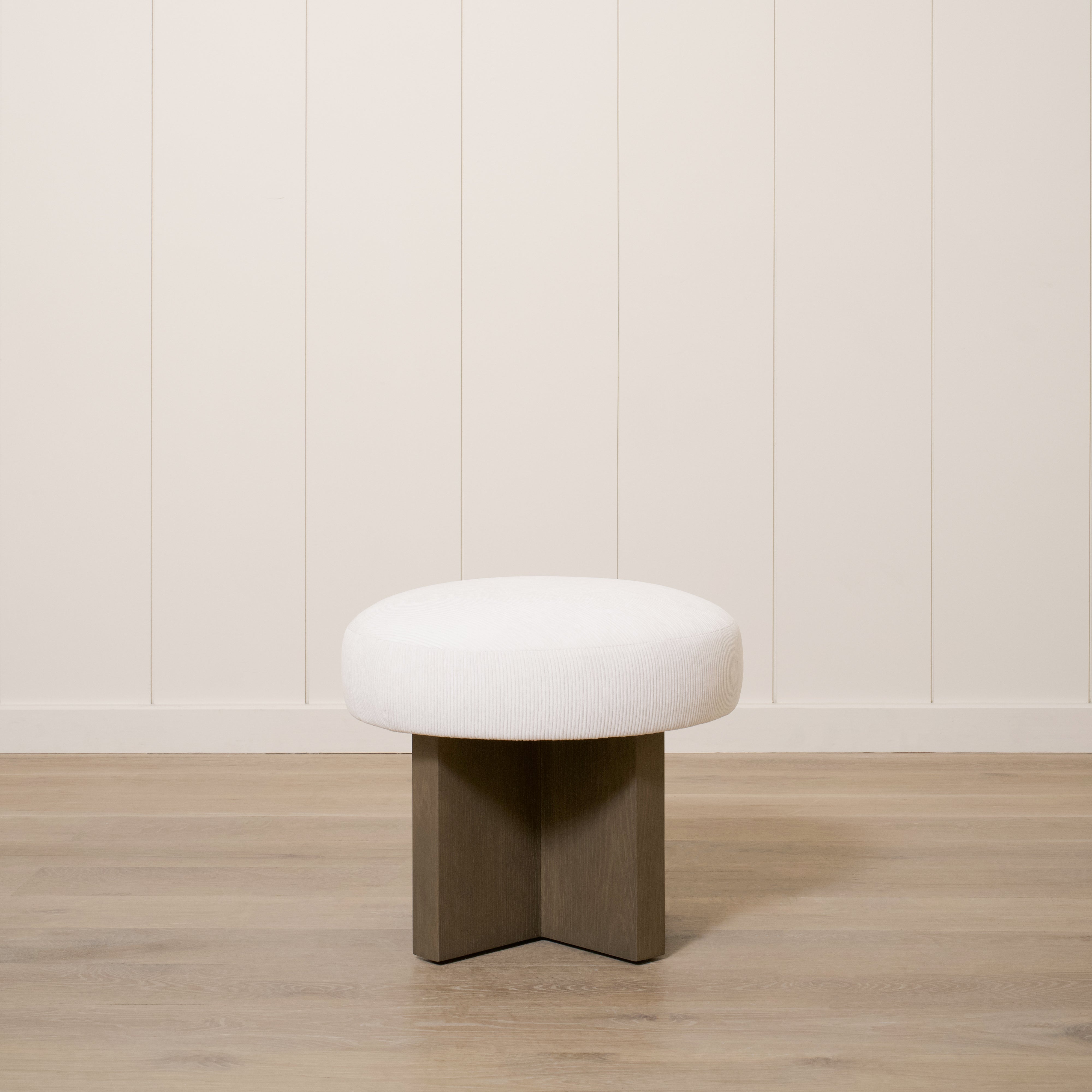 As Shown: 21"Dia x 19"H | Fabric: Mila Sugar | Material: Solid & Engineered Oak | Finish: Chestnut