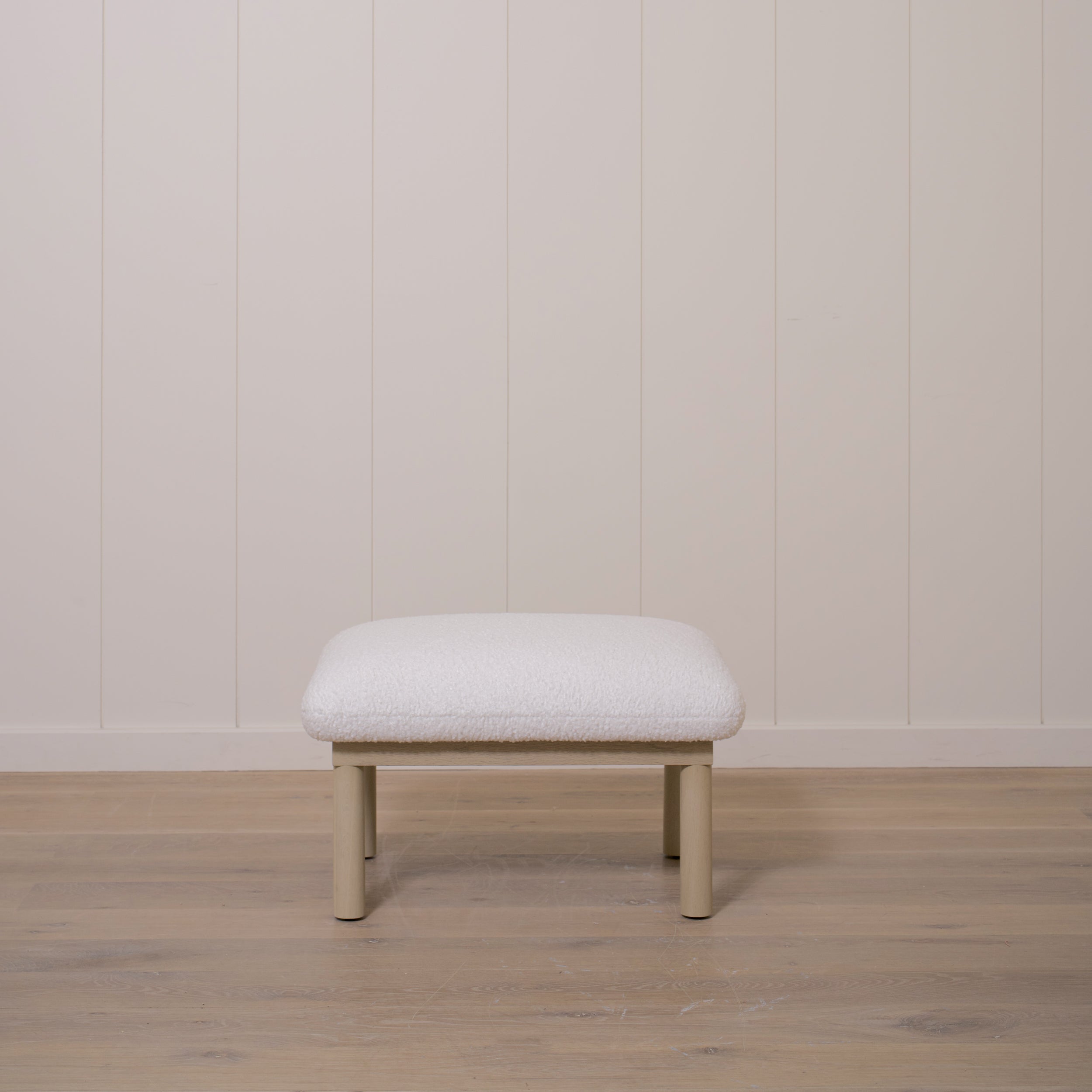 As Shown: 29"W x 22"H x 18"H | Fabric: Sheepskin White | Material: Solid & Engineered Oak | Finish: Sand