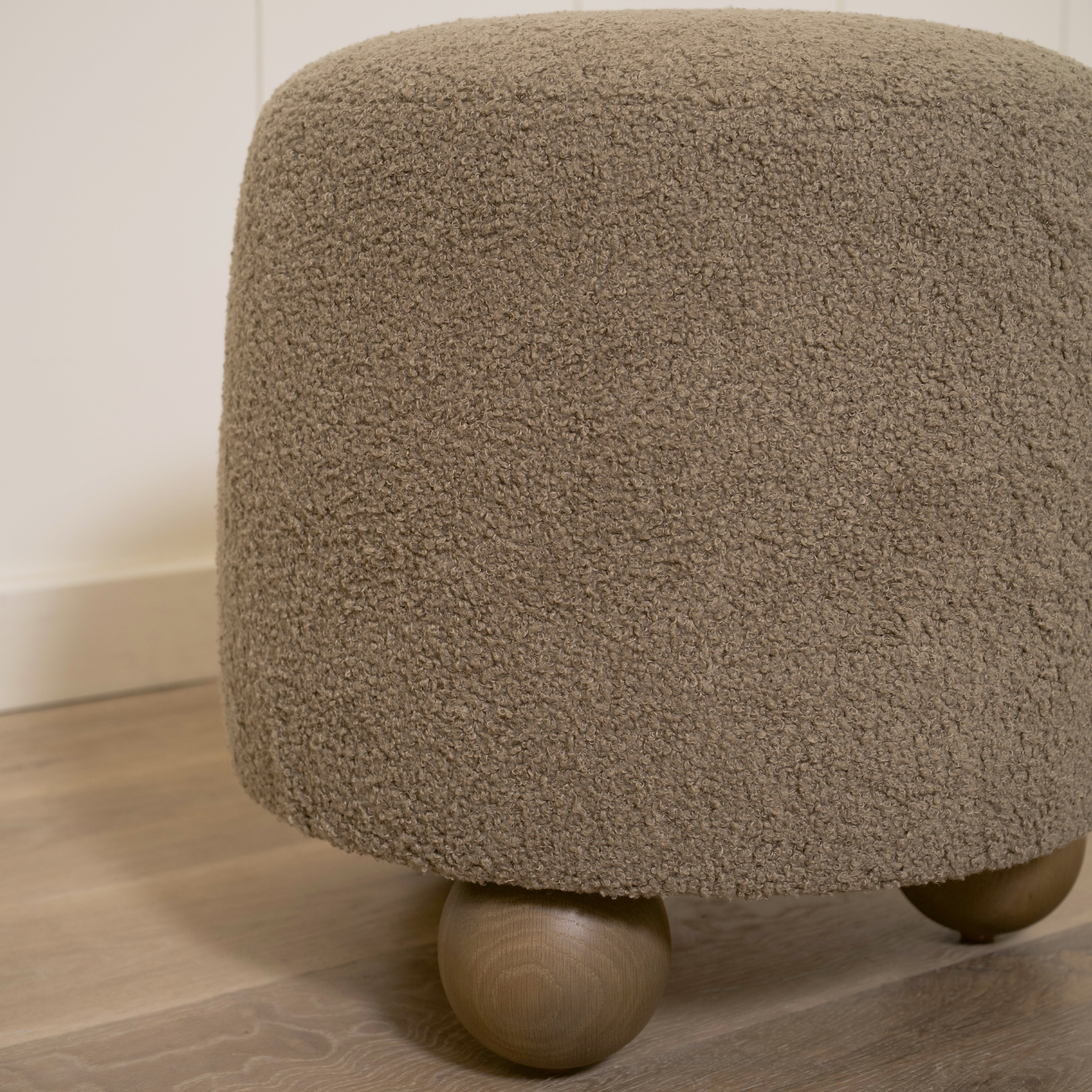 As Shown: 17"Dia x 18"H | Fabric: Peak Cocoa | Material: Solid & Engineered Oak | Finish: Hazel