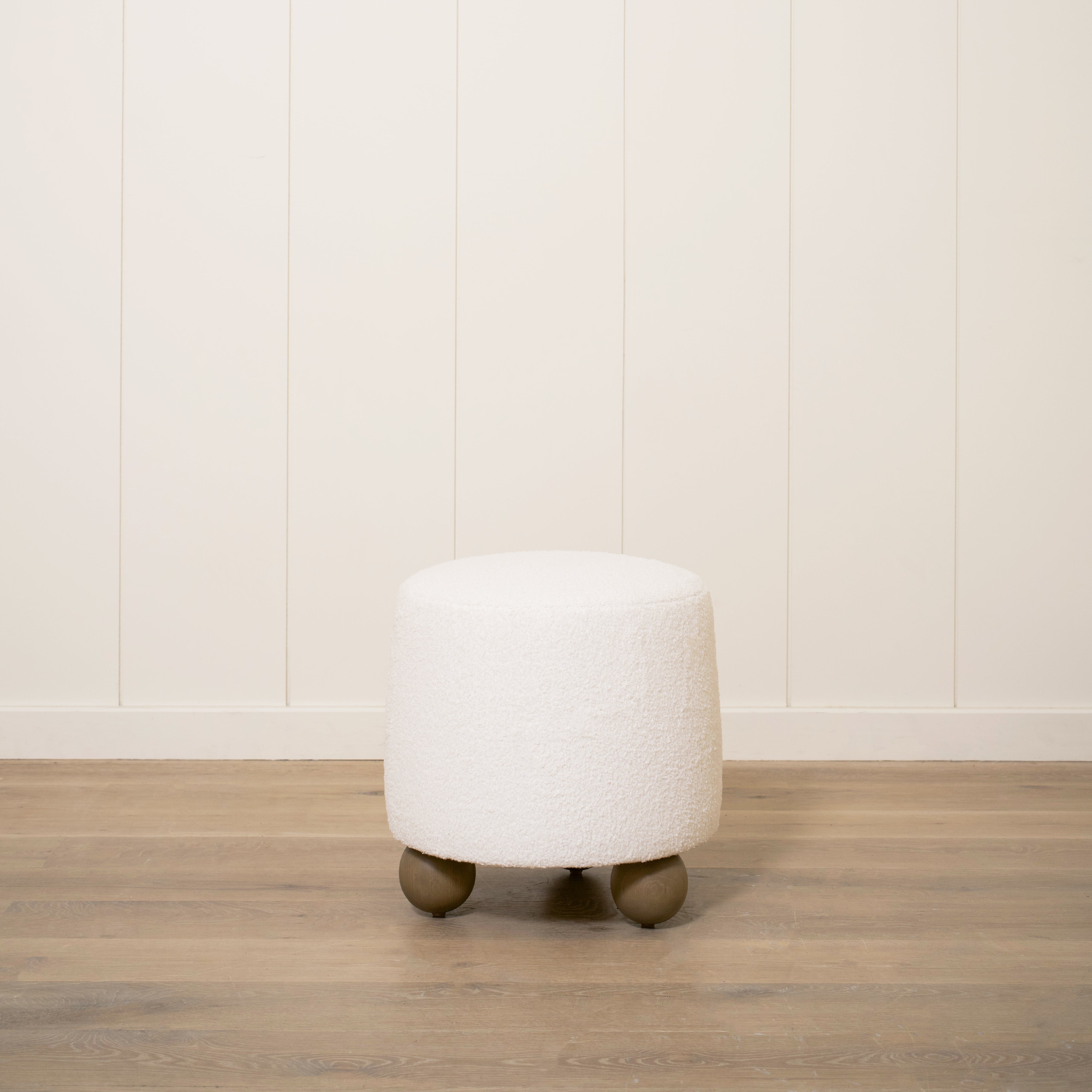 As Shown: 17"Dia x 18"H | Fabric: Peak White | Material: Solid & Engineered Oak | Finish: Hazel