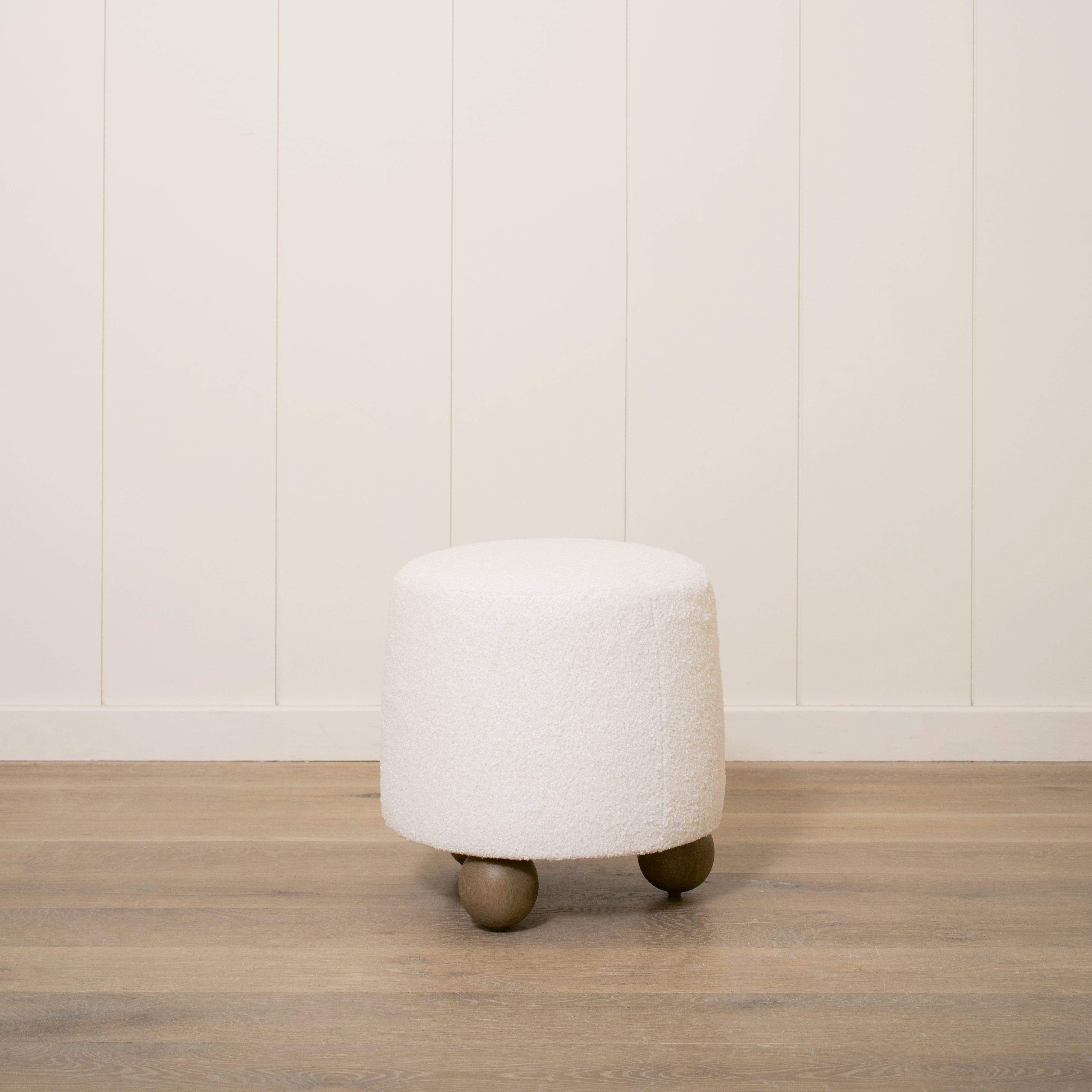 As Shown: 17"Dia x 18"H | Fabric: Peak White | Material: Solid & Engineered Oak | Finish: Hazel