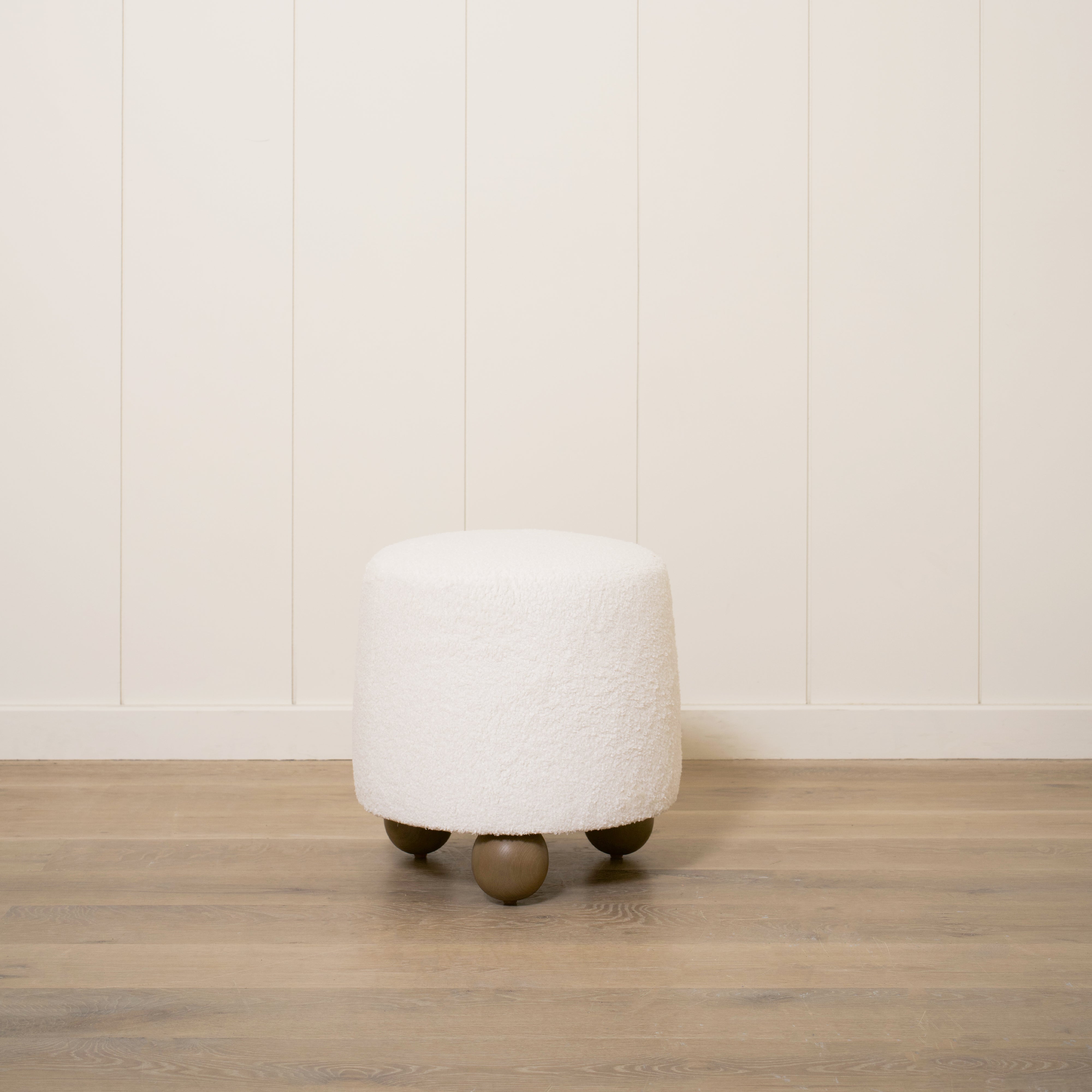 As Shown: 17"Dia x 18"H | Fabric: Peak White | Material: Solid & Engineered Oak | Finish: Hazel