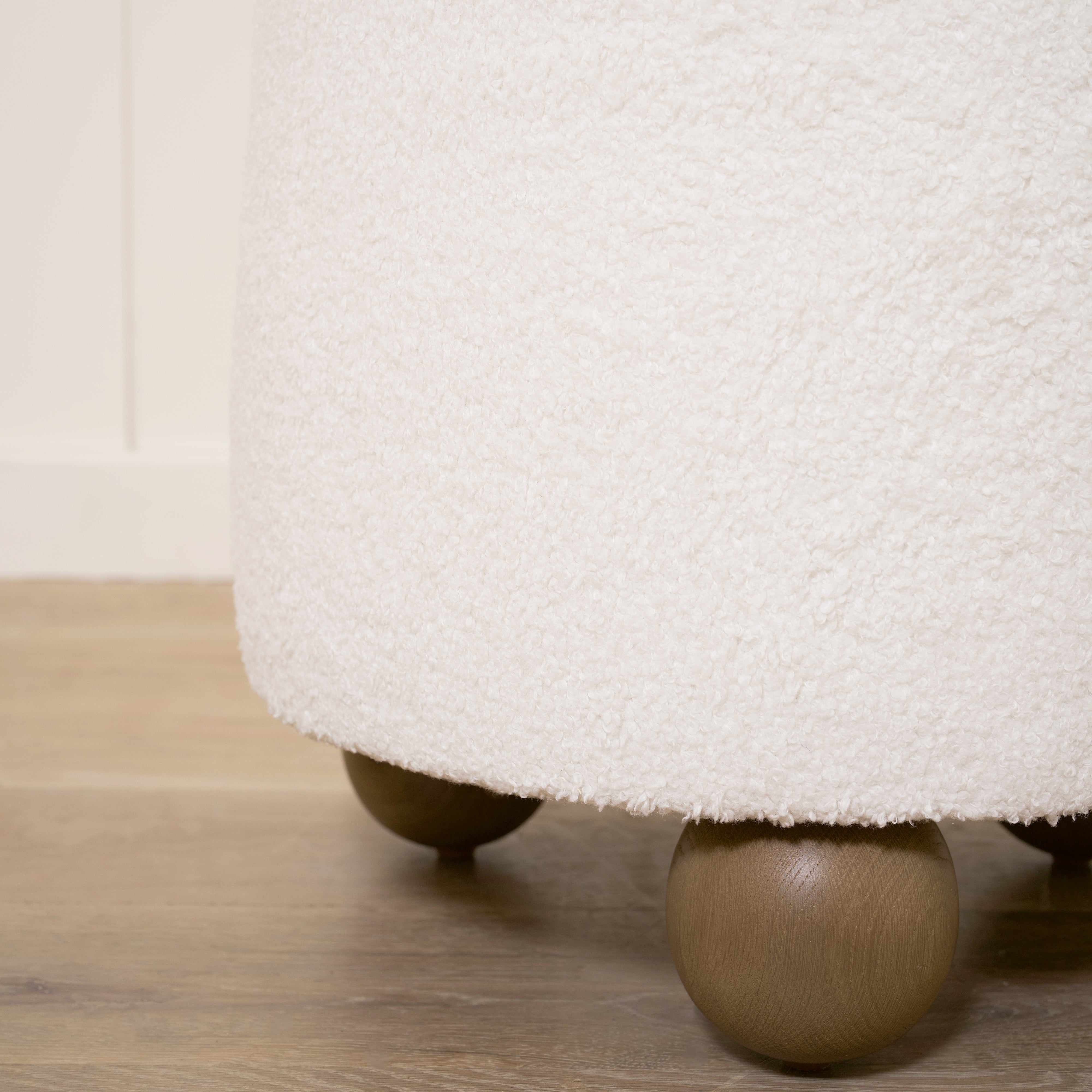 As Shown: 17"Dia x 18"H | Fabric: Peak White | Material: Solid & Engineered Oak | Finish: Hazel