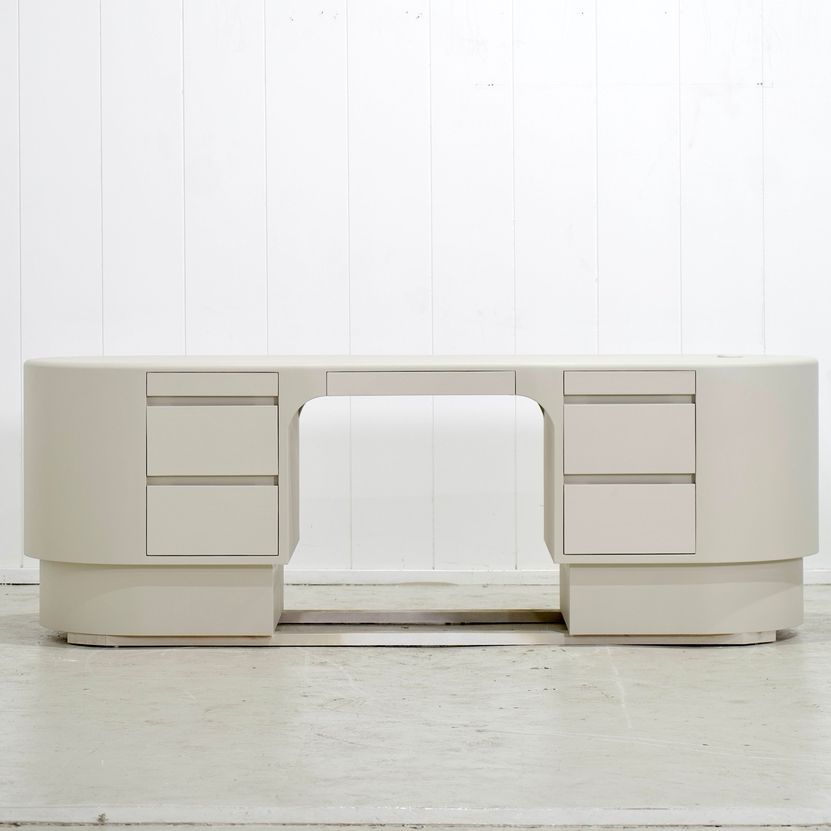 S - 90"W x 30"D x 30"H, Custom Limestone Finish Painted White, Integrated Finger Pull and Grommet