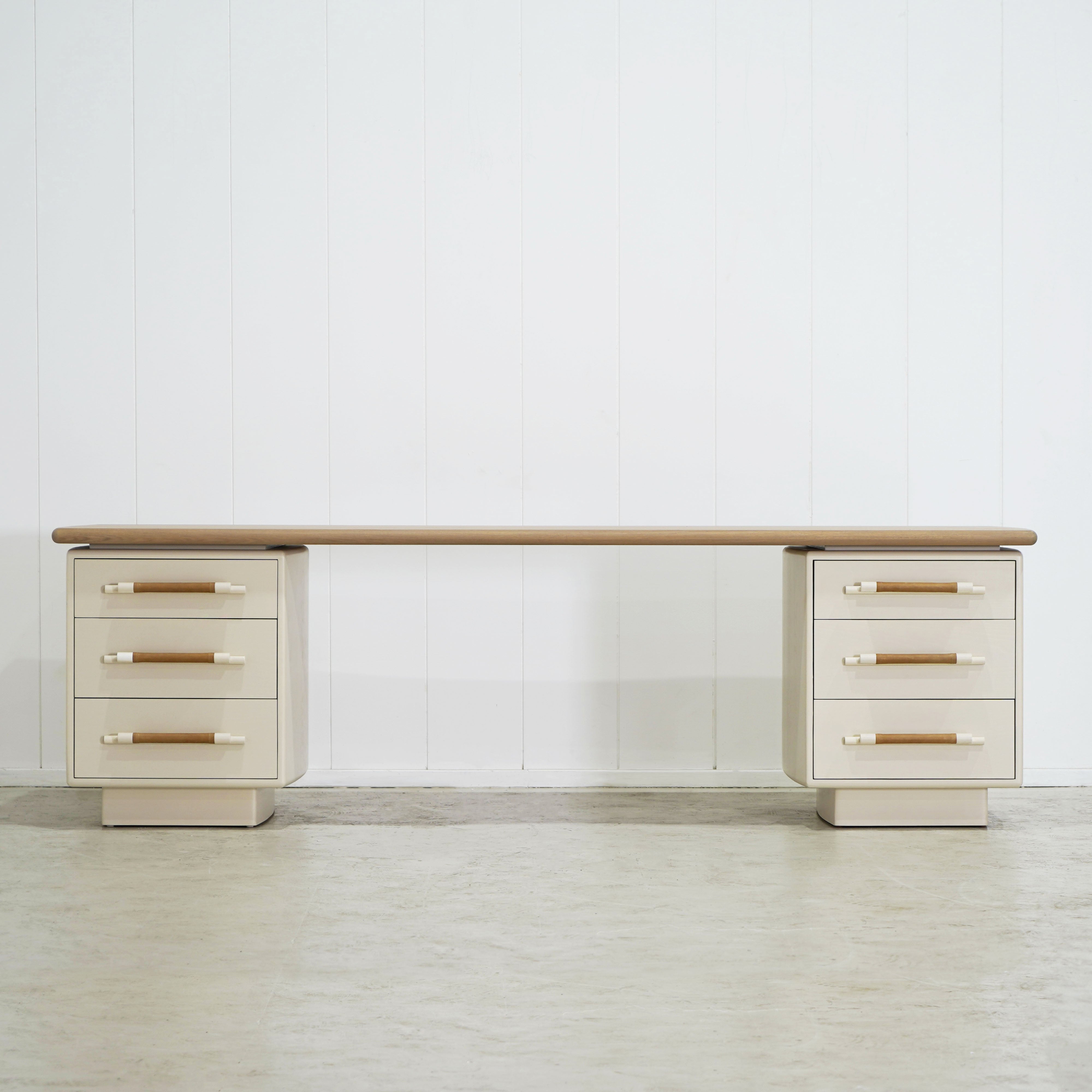 As Shown: Custom Finish (Top) in Solid Oak with a Bullnosed Edge, Wire brushed oak (Base) in Revere Pewter, with a COL leather handle