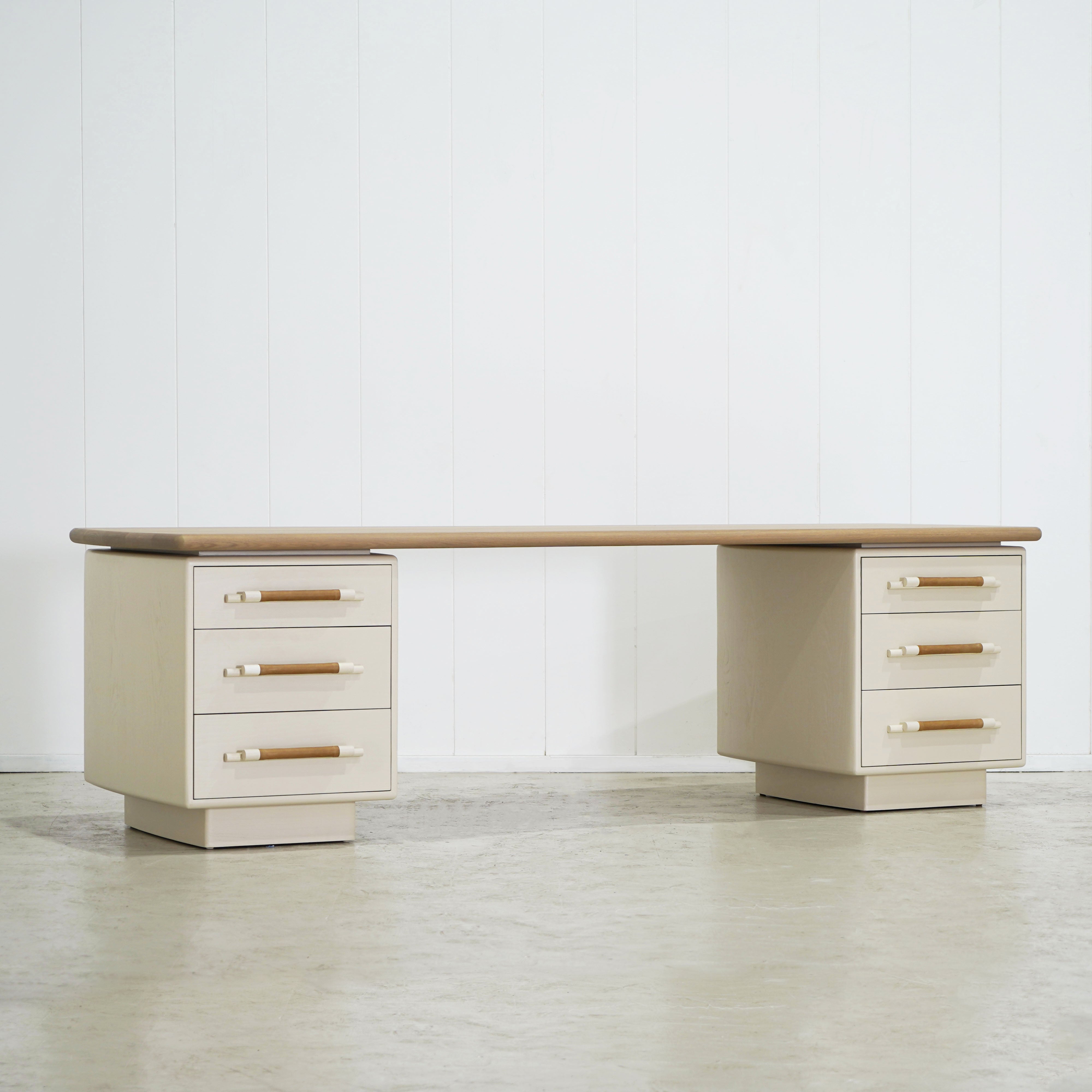 As Shown: Custom Finish (Top) in Solid Oak with a Bullnosed Edge, Wire brushed oak (Base) in Revere Pewter, with a COL leather handle