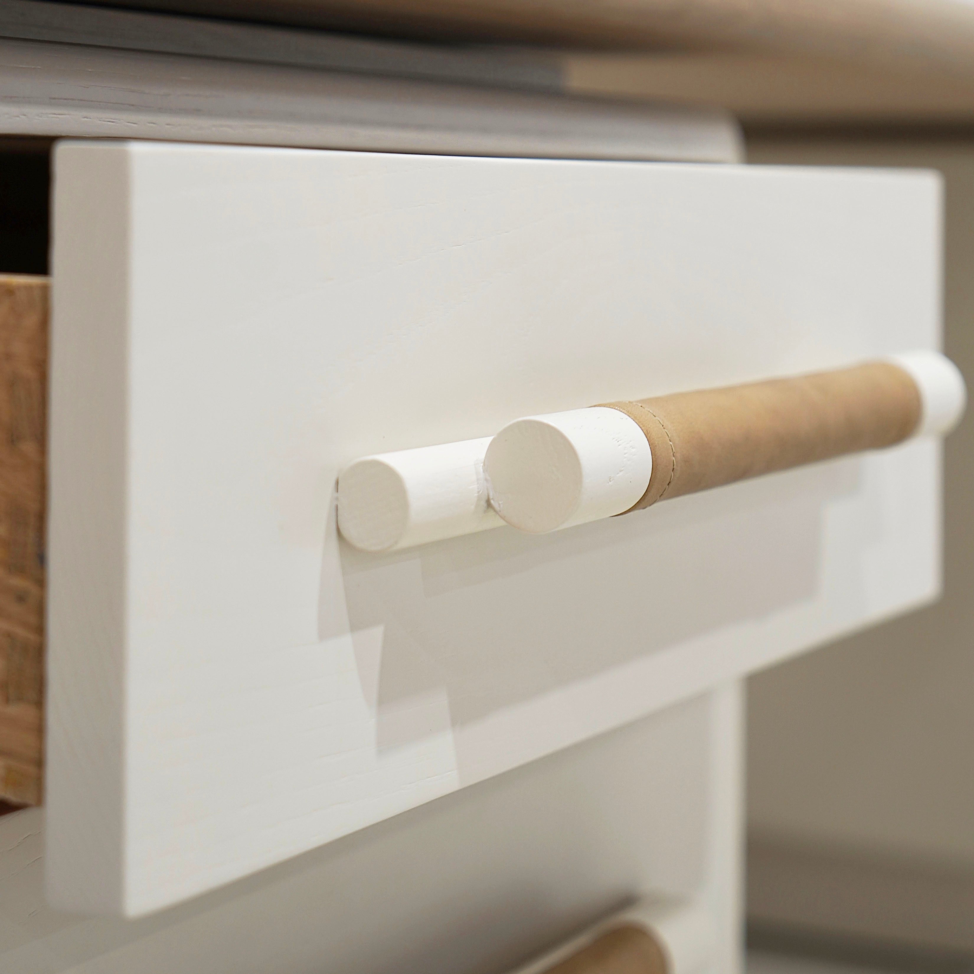 As Shown: Custom Finish (Top) in Solid Oak with a Bullnosed Edge, Wire brushed oak (Base) in Revere Pewter, with a COL leather handle