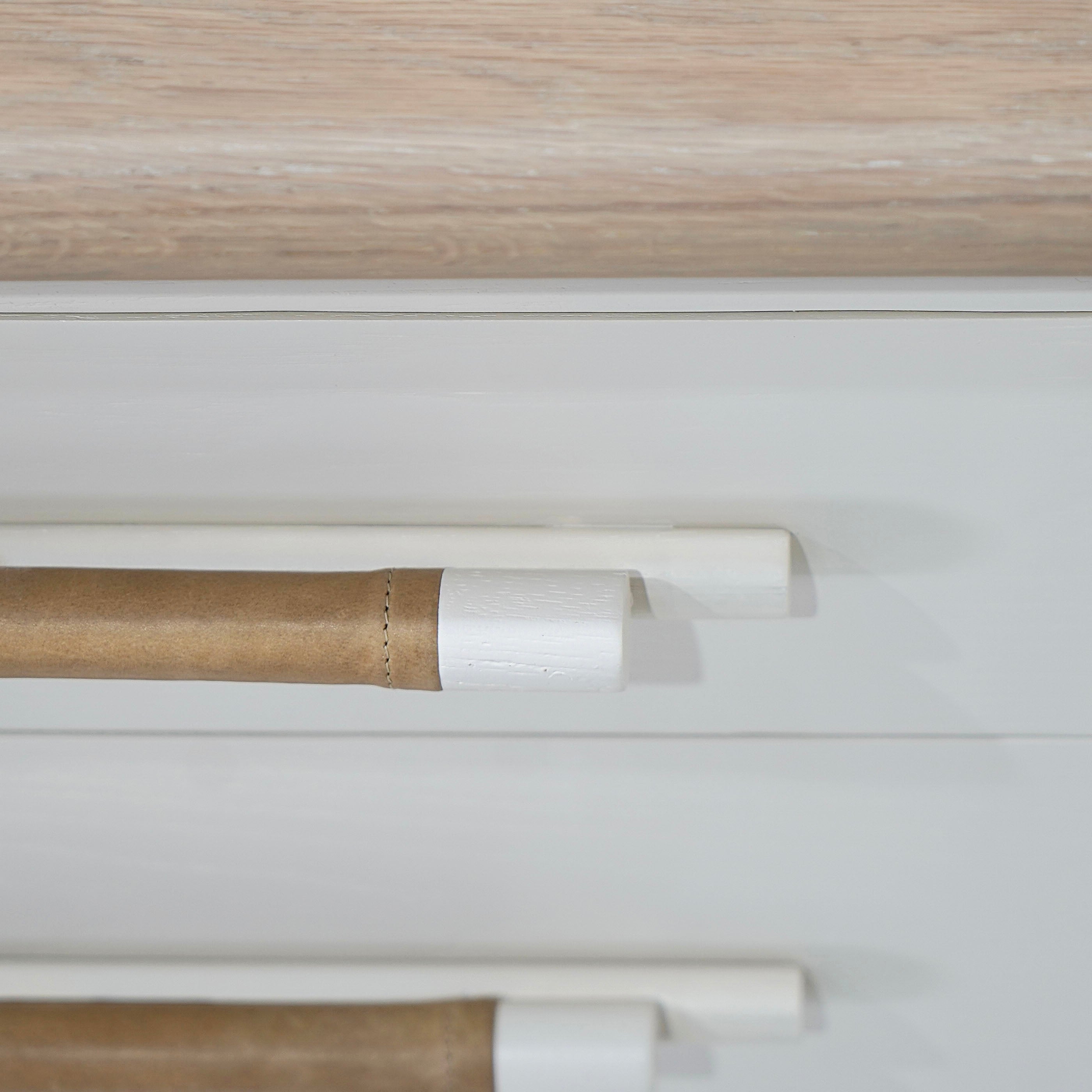 As Shown: Custom Finish (Top) in Solid Oak with a Bullnosed Edge, Wire brushed oak (Base) in Revere Pewter, with a COL leather handle