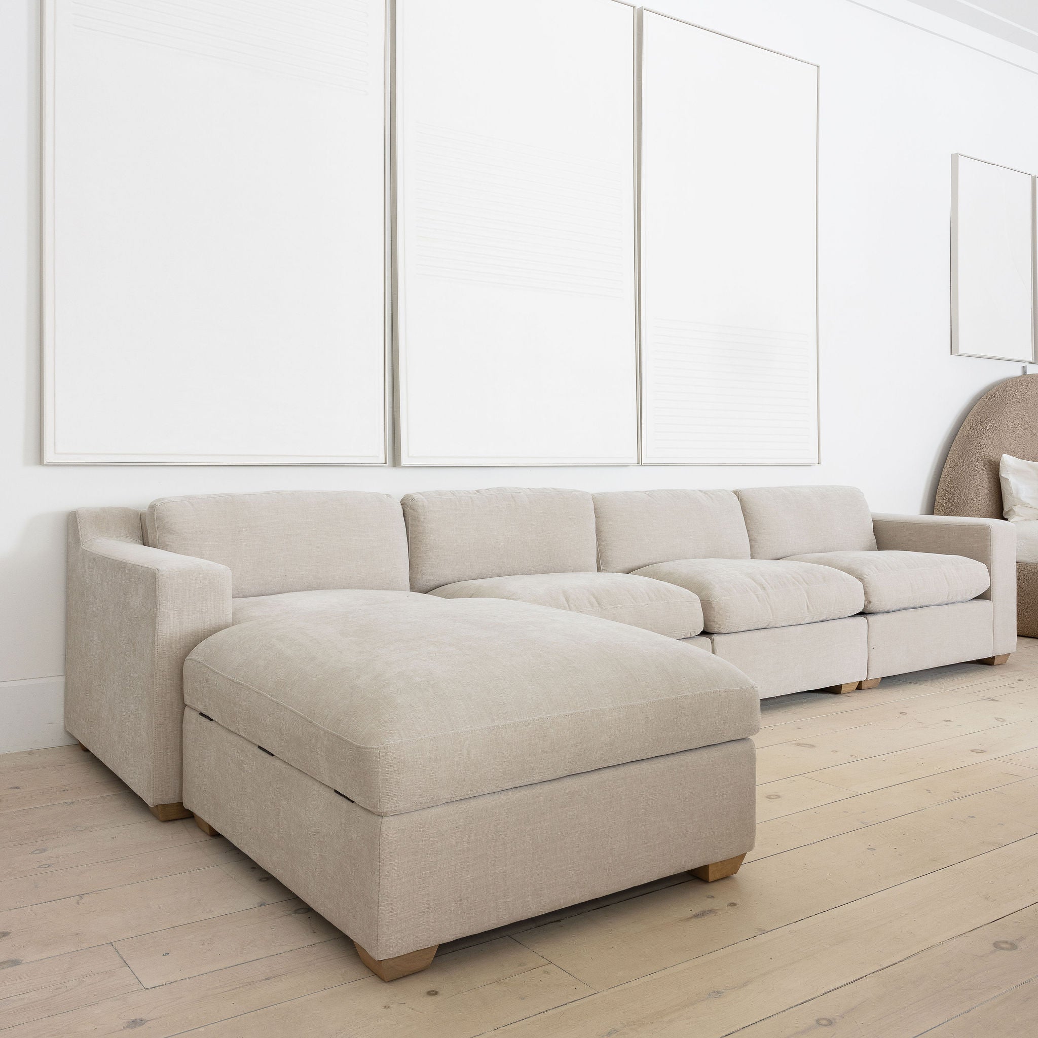 Upholstered Suni 5 Piece Sectional including Ottoman with Storage in Canyon Beige Performance Fabric and Honey Feet
