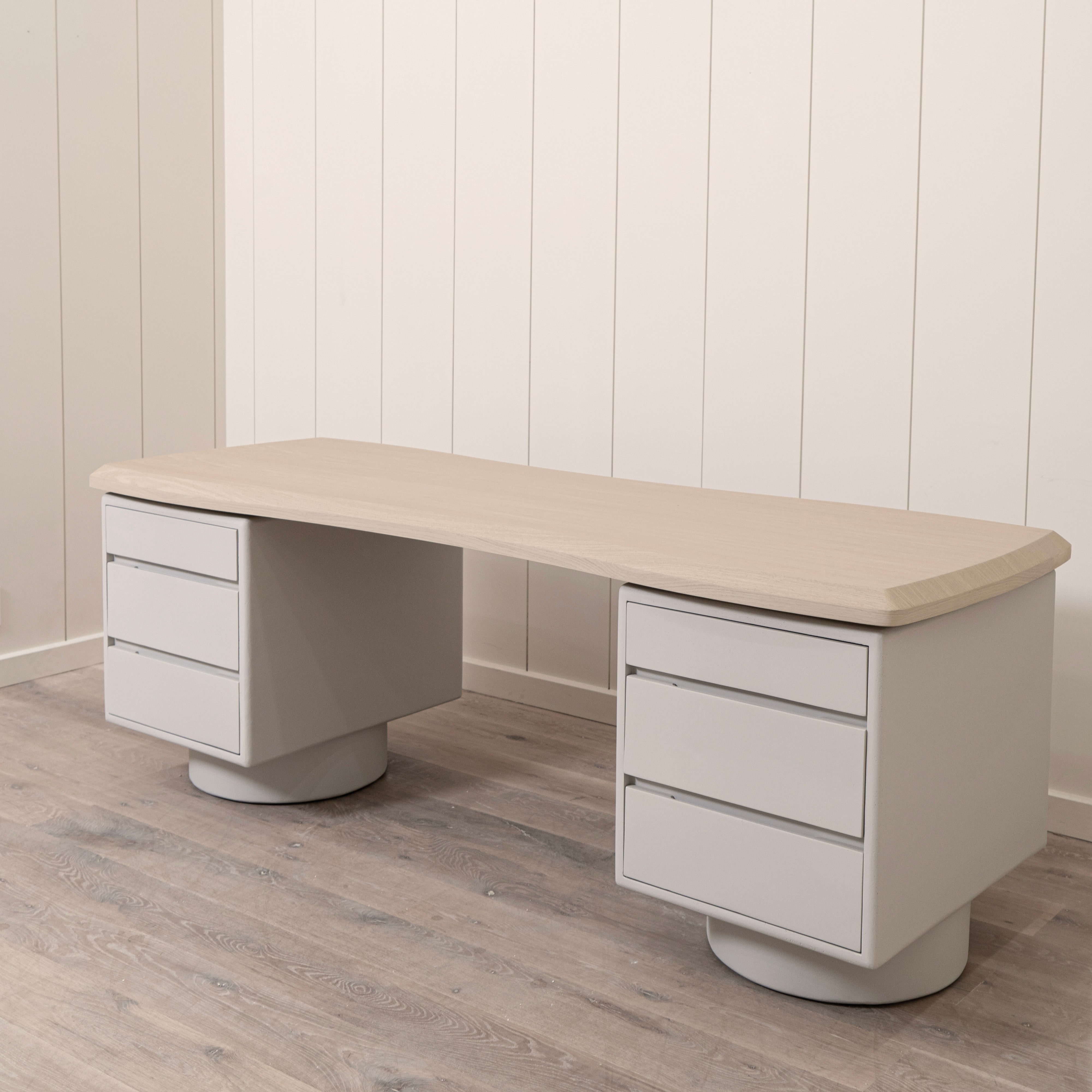 As Shown: Beach White (Top) in Engineered Oak with a Bevel detail, Plaster Limestone (Base) in Revere Pewter