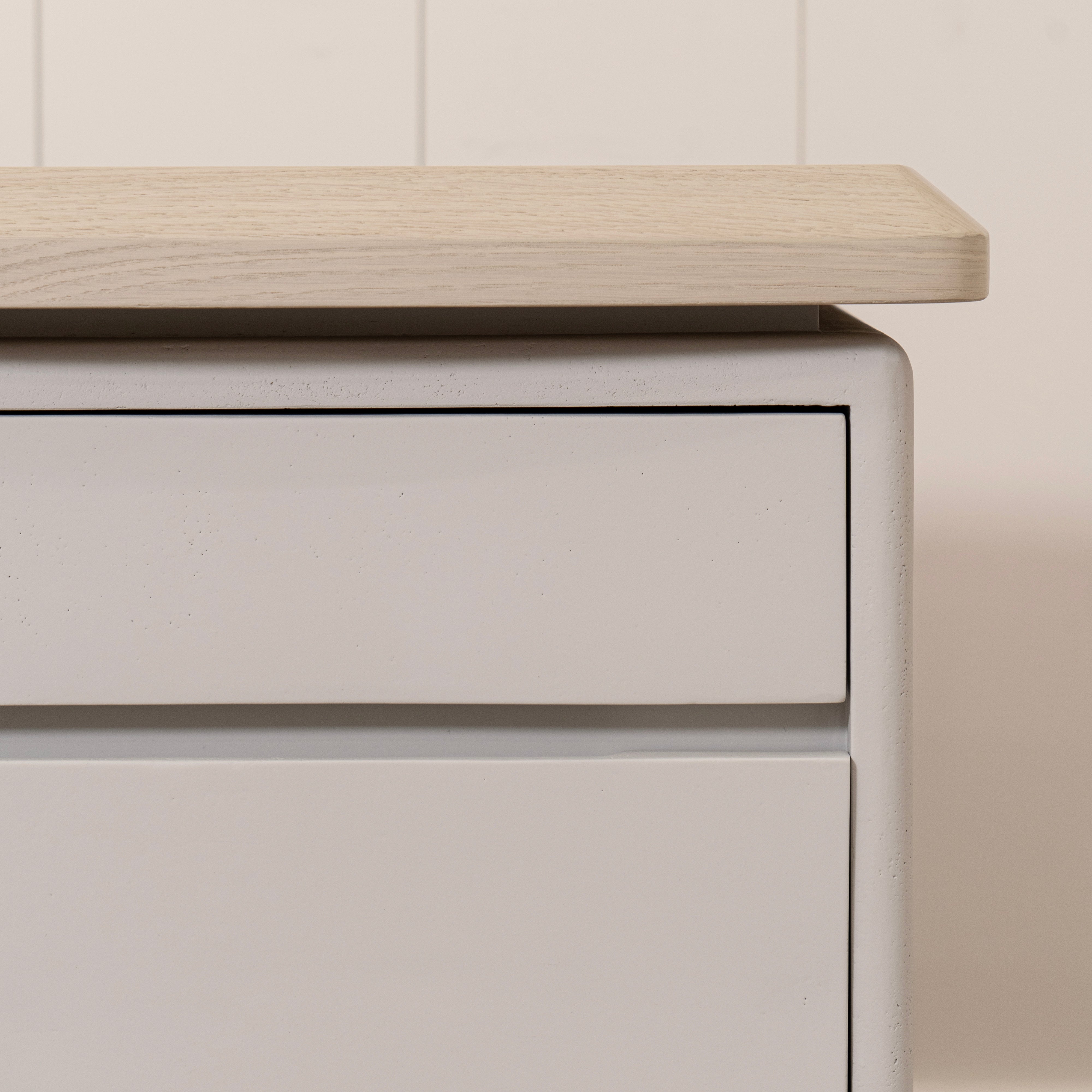 As Shown: Beach White (Top) in Engineered Oak with a Bevel detail, Plaster Limestone (Base) in Revere Pewter