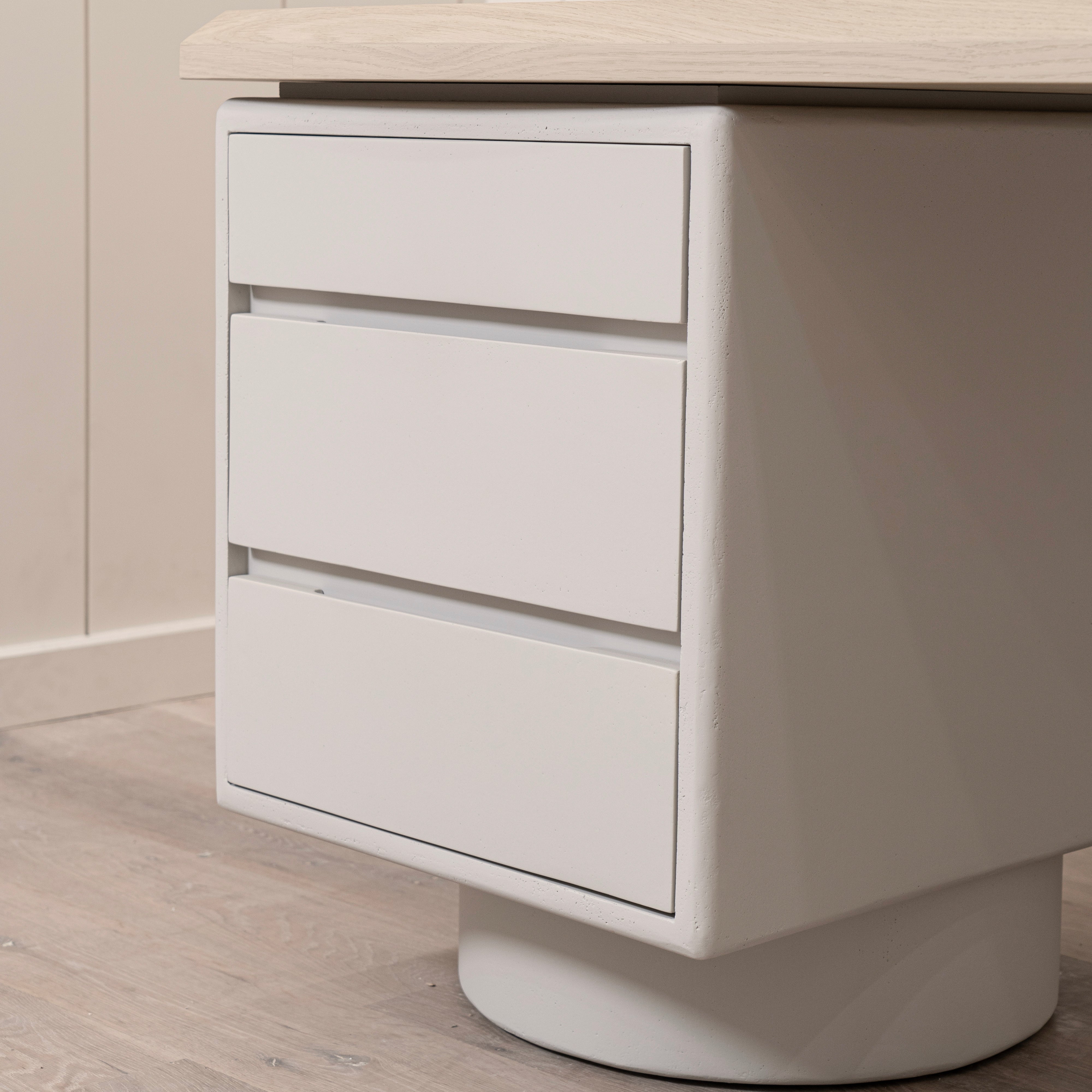 As Shown: Beach White (Top) in Engineered Oak with a Bevel detail, Plaster Limestone (Base) in Revere Pewter