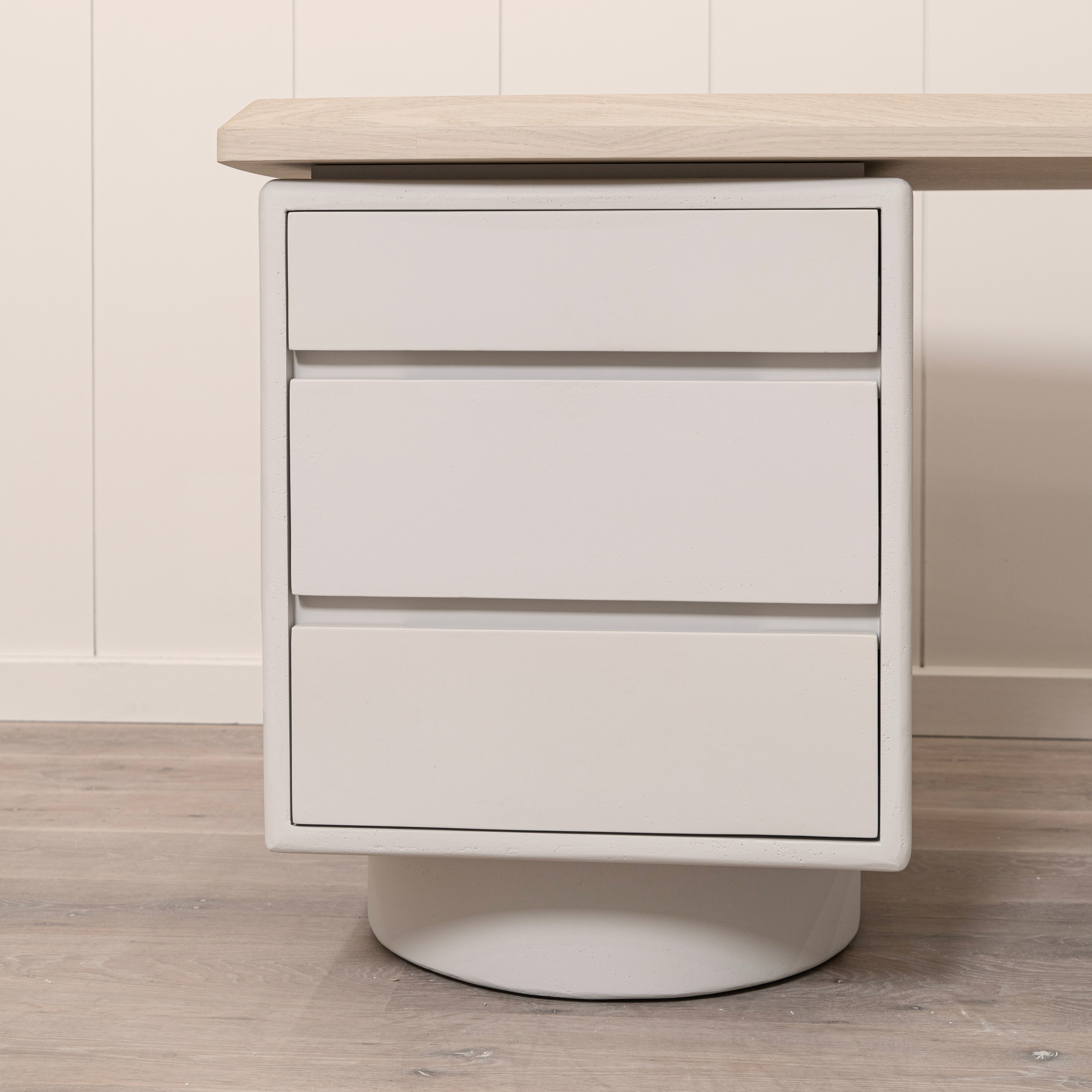 As Shown: Beach White (Top) in Engineered Oak with a Bevel detail, Plaster Limestone (Base) in Revere Pewter