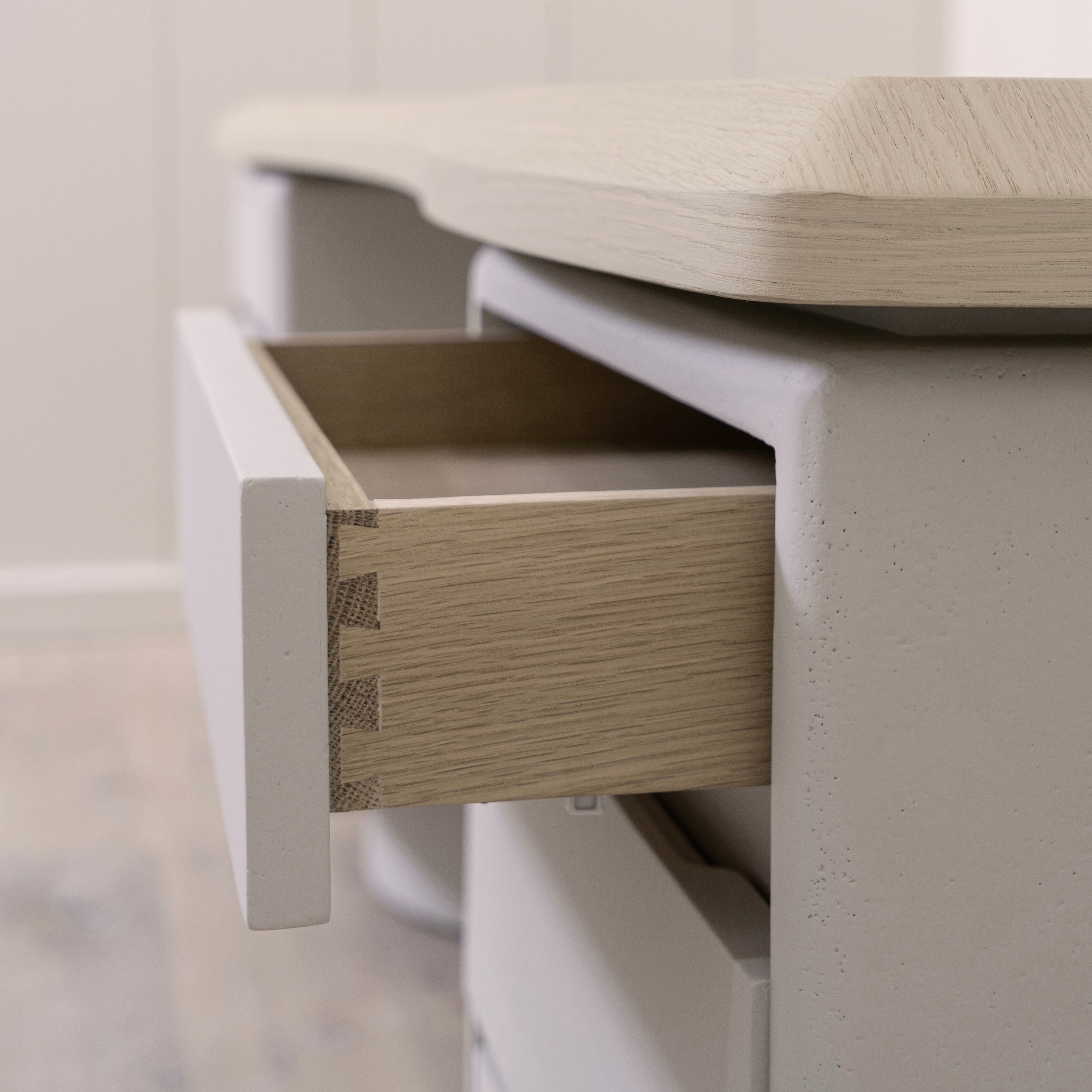 As Shown: Beach White (Top) in Engineered Oak with a Bevel detail, Plaster Limestone (Base) in Revere Pewter