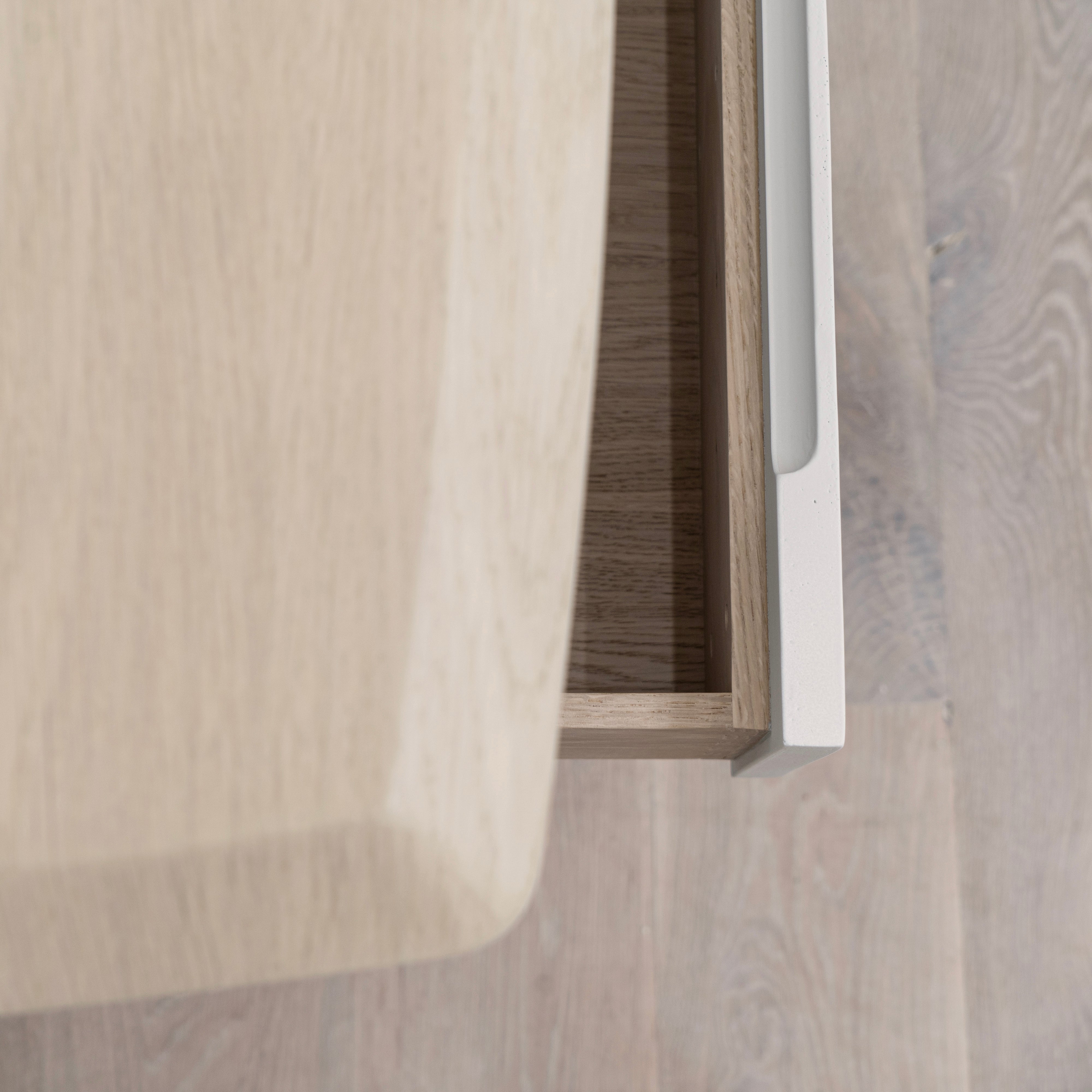 As Shown: Beach White (Top) in Engineered Oak with a Bevel detail, Plaster Limestone (Base) in Revere Pewter