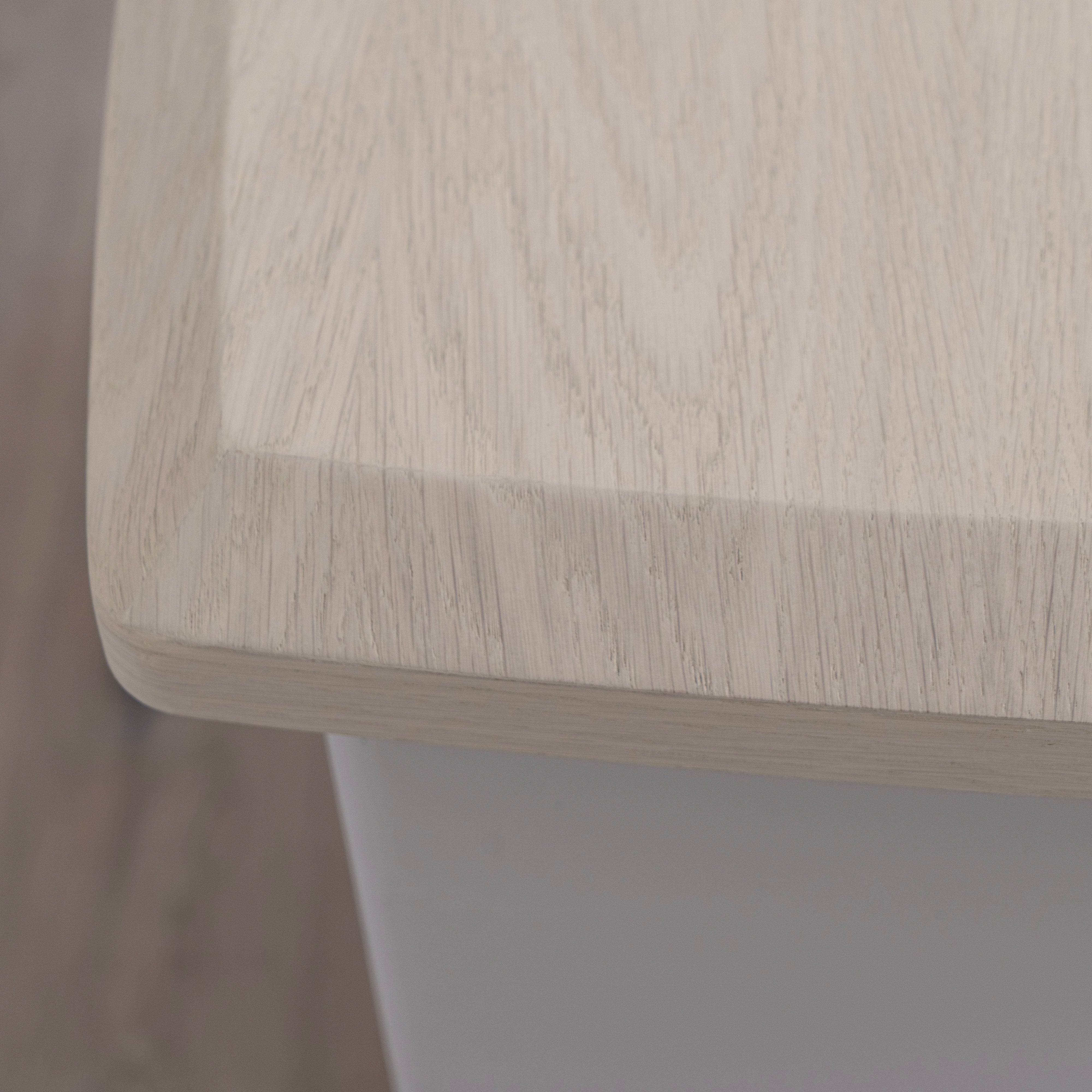 As Shown: Beach White (Top) in Engineered Oak with a Bevel detail, Plaster Limestone (Base) in Revere Pewter