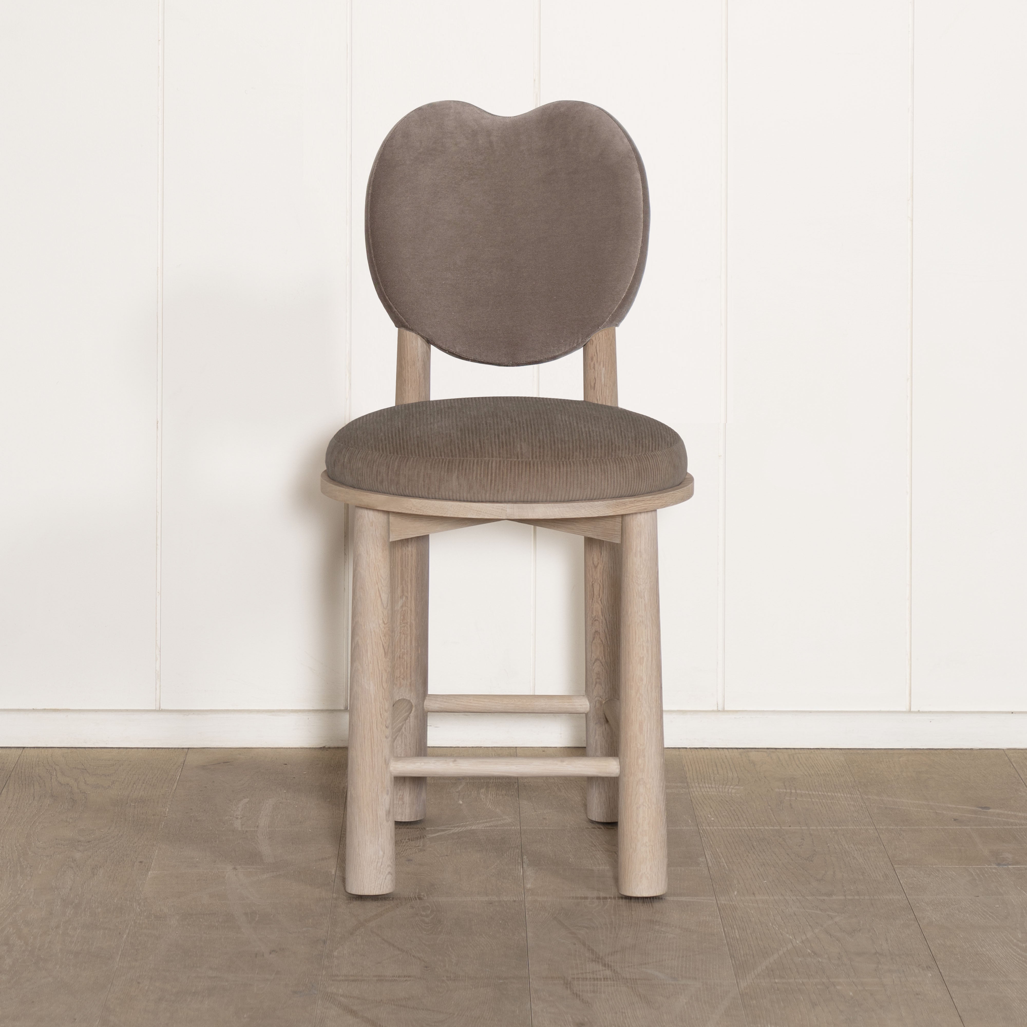 As Shown: in Sky Taupe back and Mila Driftwood seat. Oak finished in Mint White Natural.