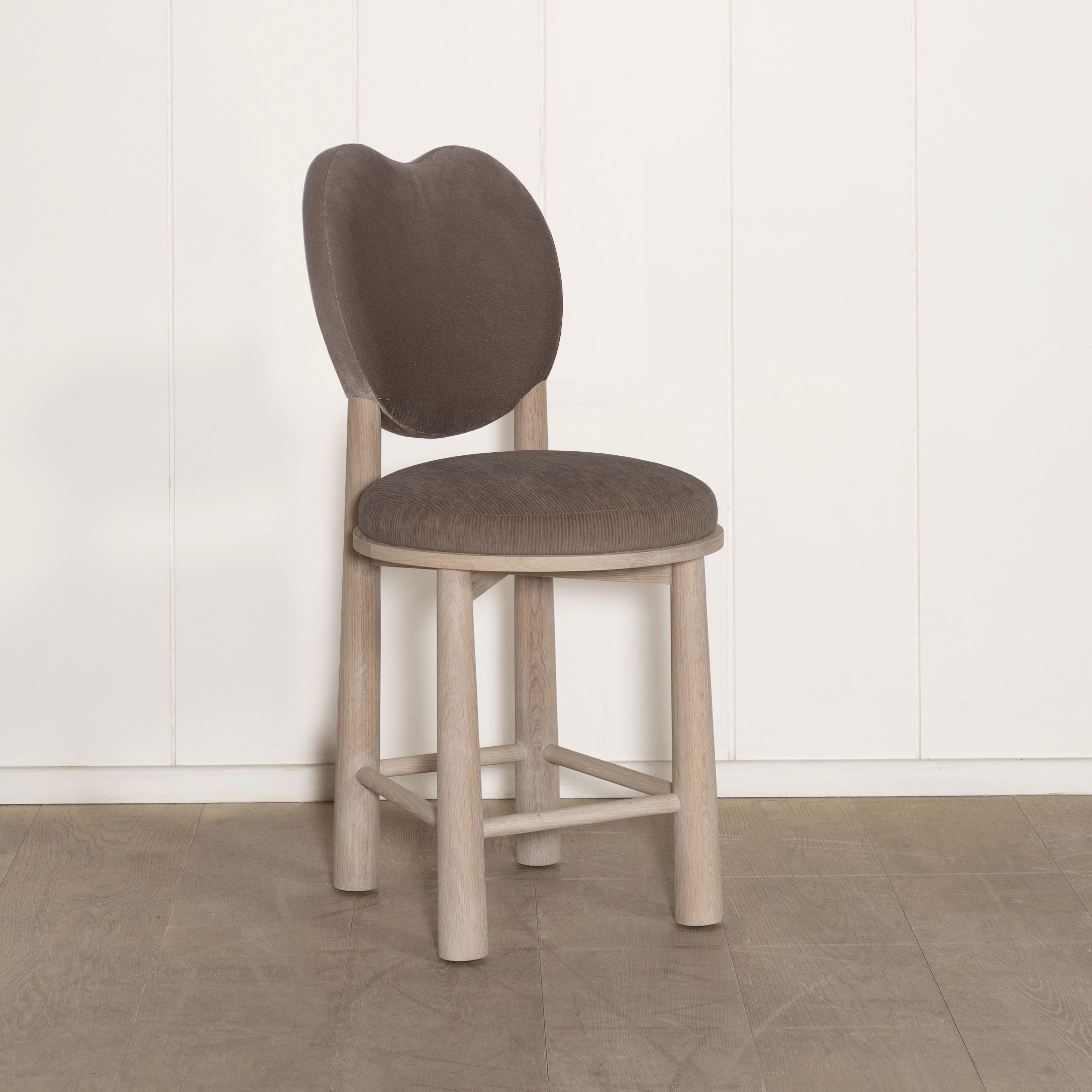 As Shown: in Sky Taupe back and Mila Driftwood seat. Oak finished in Mint White Natural.