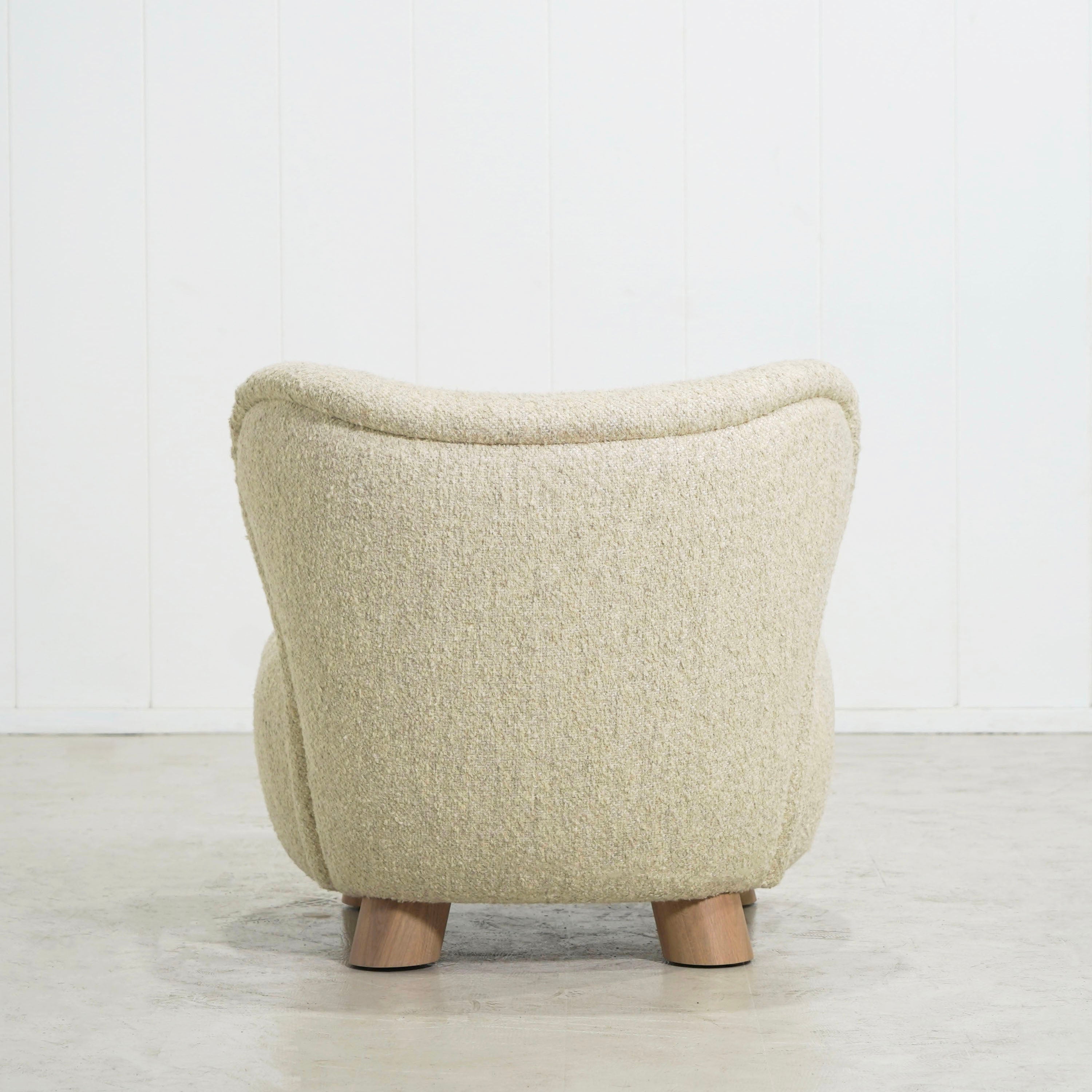 As Shown: 34"W x 35"D x 32"H | Style: Upholstered | Fabric: Berber Natural | Base: Legs | Finish: Smoke (Discontinued)