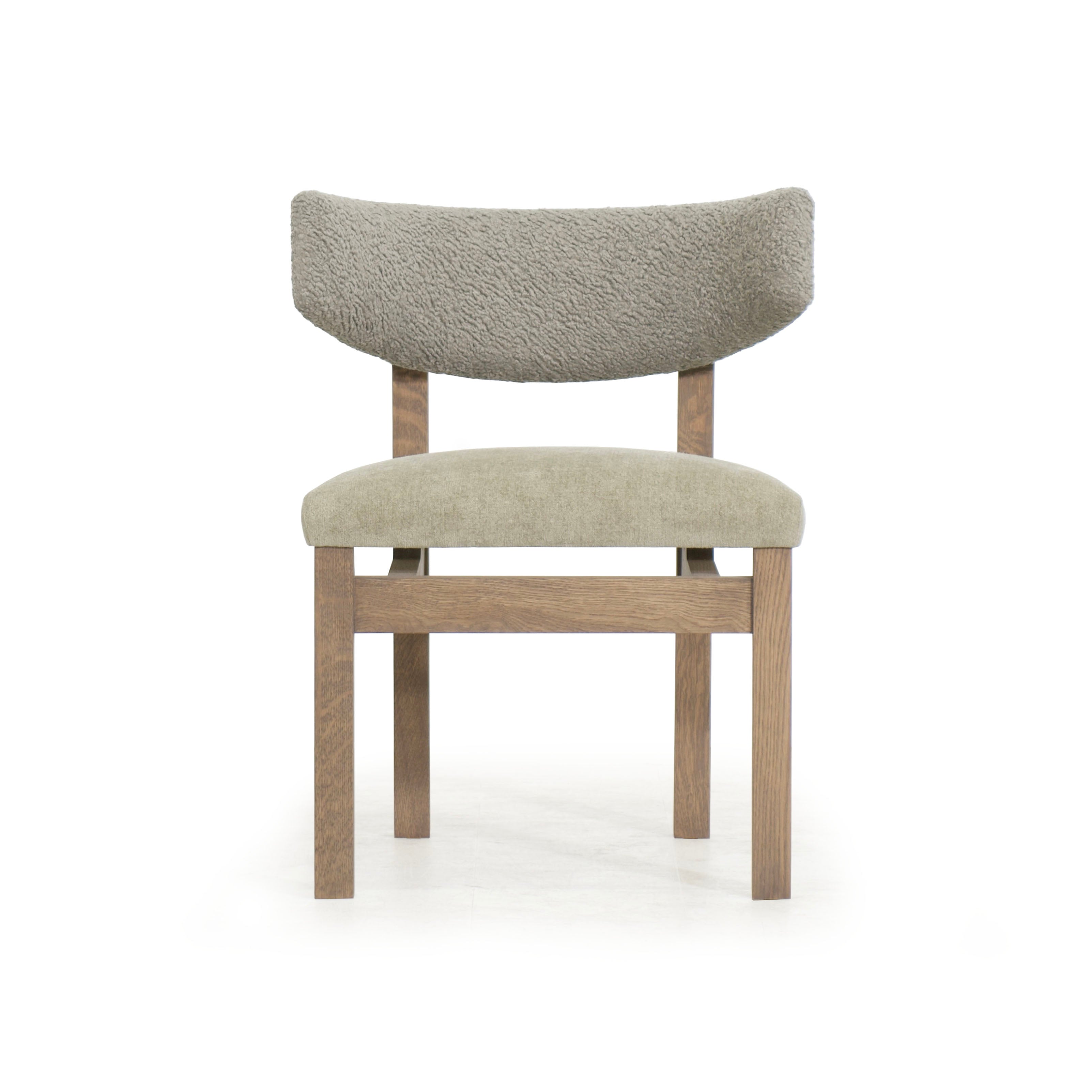 Sheepskin Olive back, Bellamy Moss seat. Cashmere Brown (Discontinued Finish) oak.