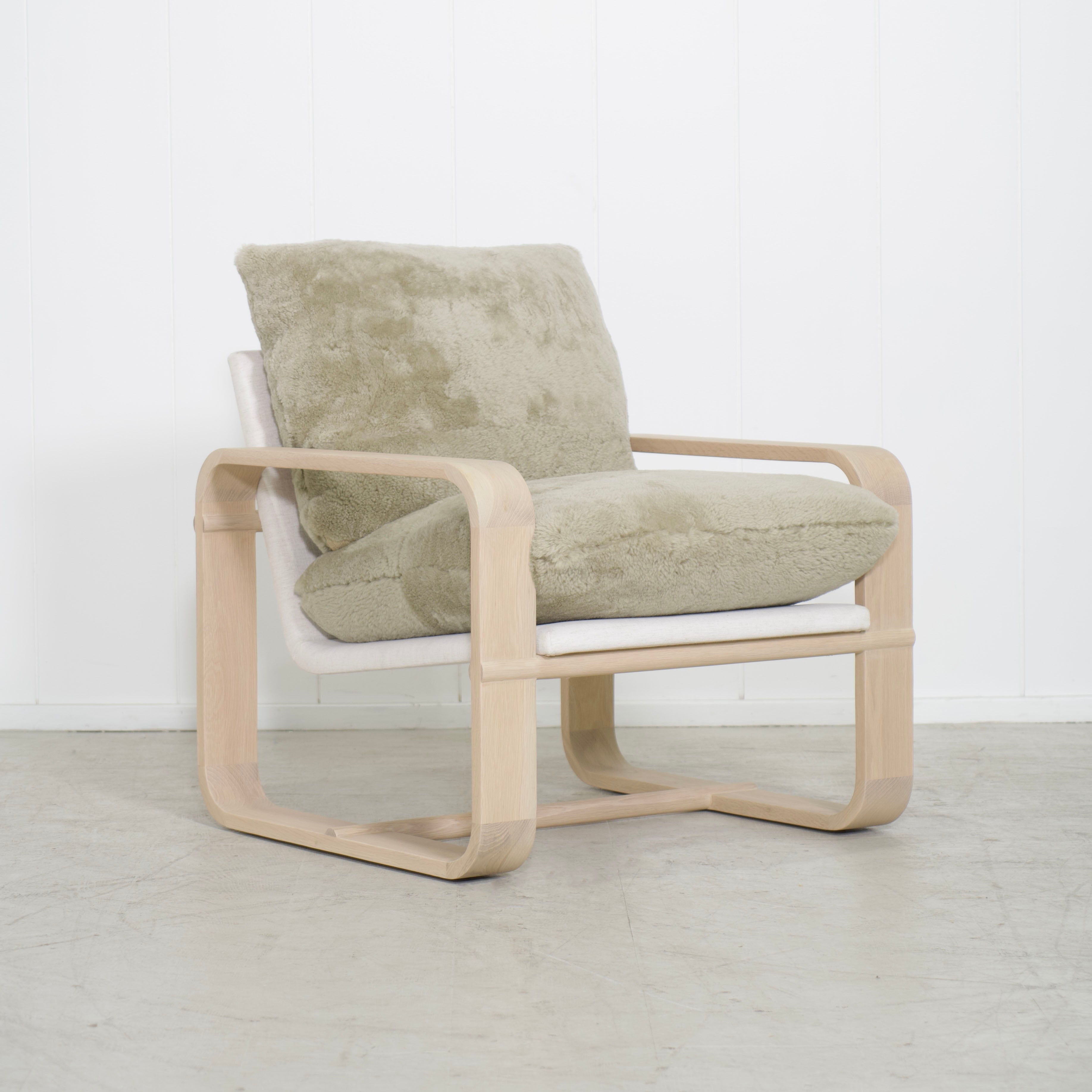 As Shown: in Dusty Beige Shearling, Nora snow frame and Mint White Natural oak.