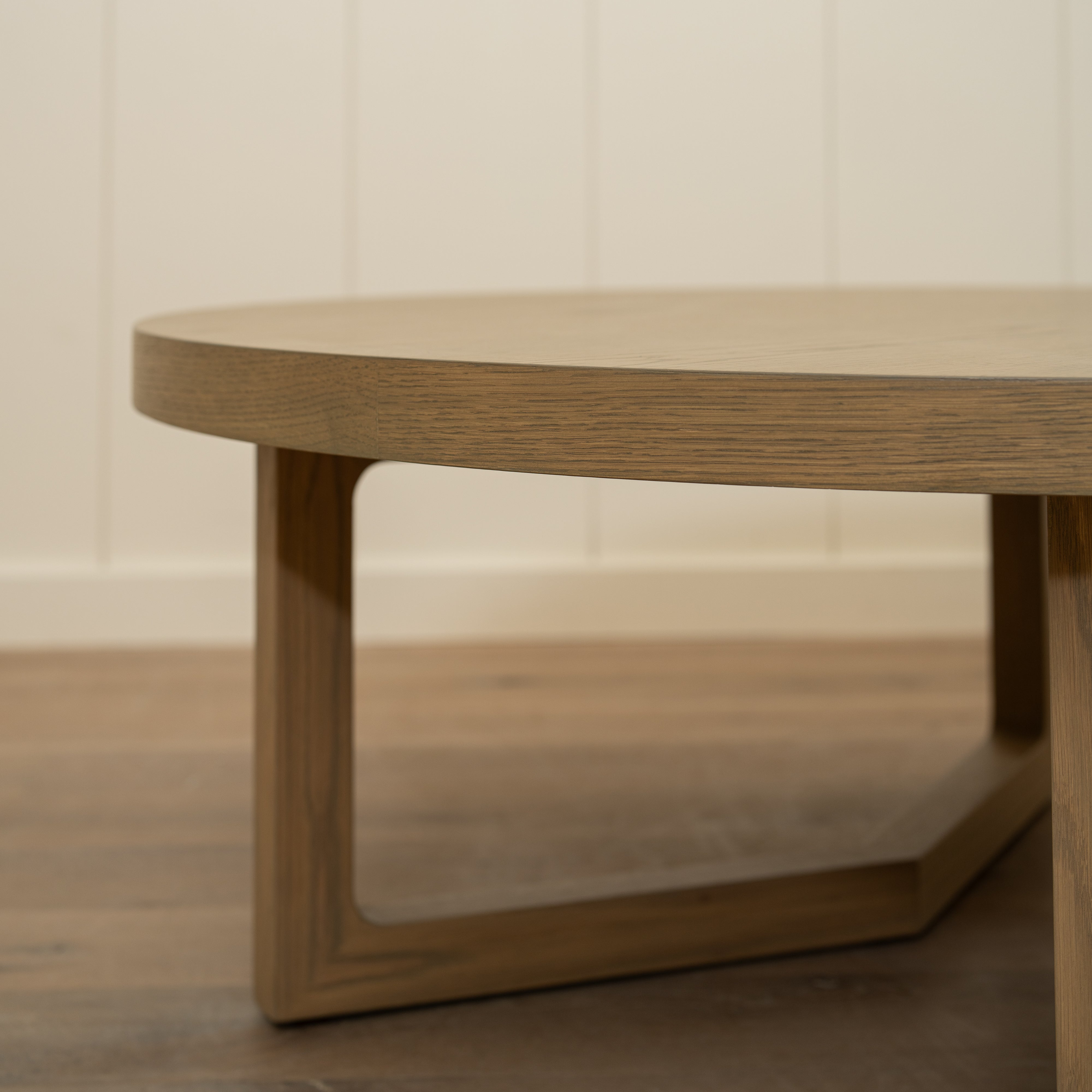 As Shown: 48"Dia x 17"H | Material: Solid & engineered Oak | Finish: Hazel