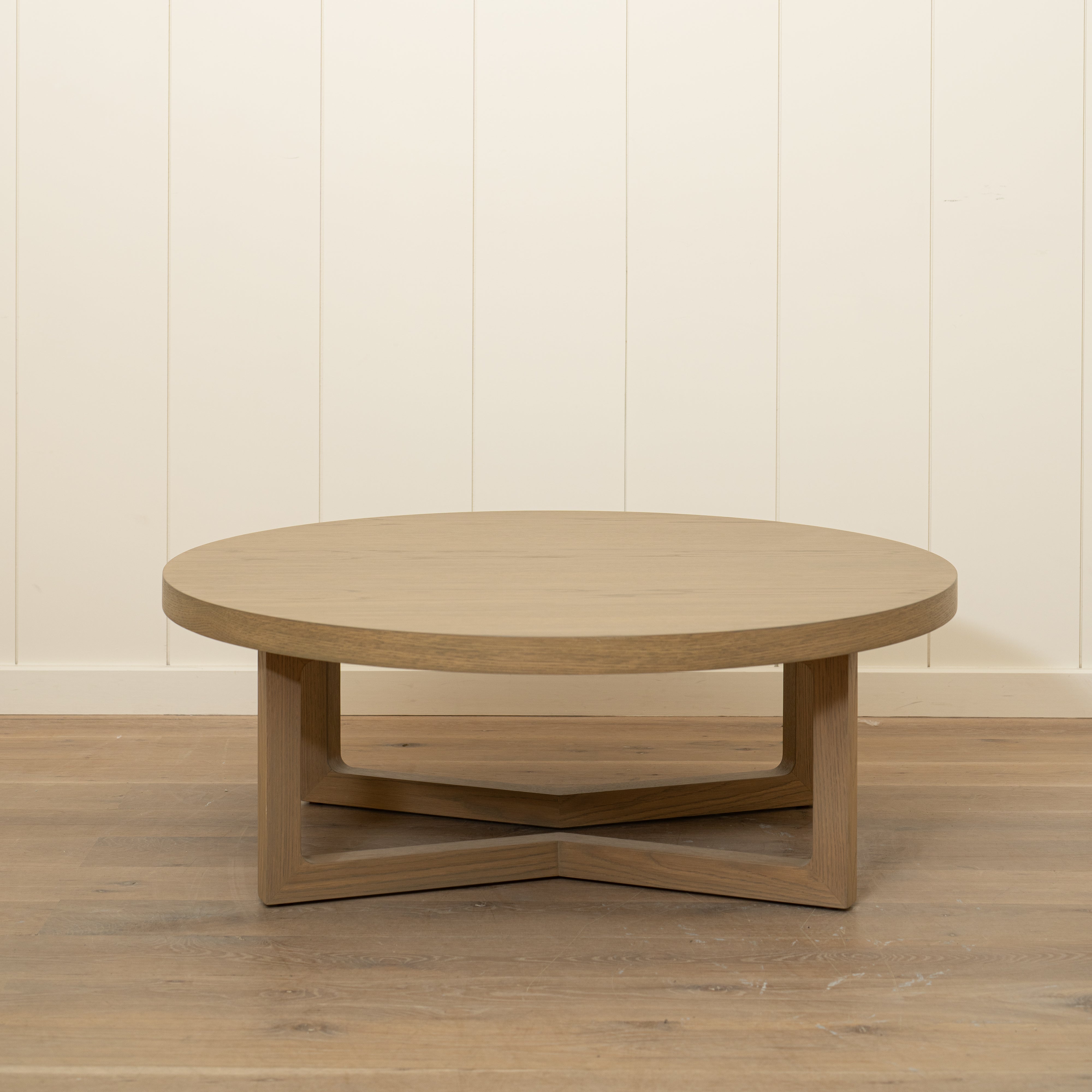 As Shown: 48"Dia x 17"H | Material: Solid & engineered Oak | Finish: Hazel