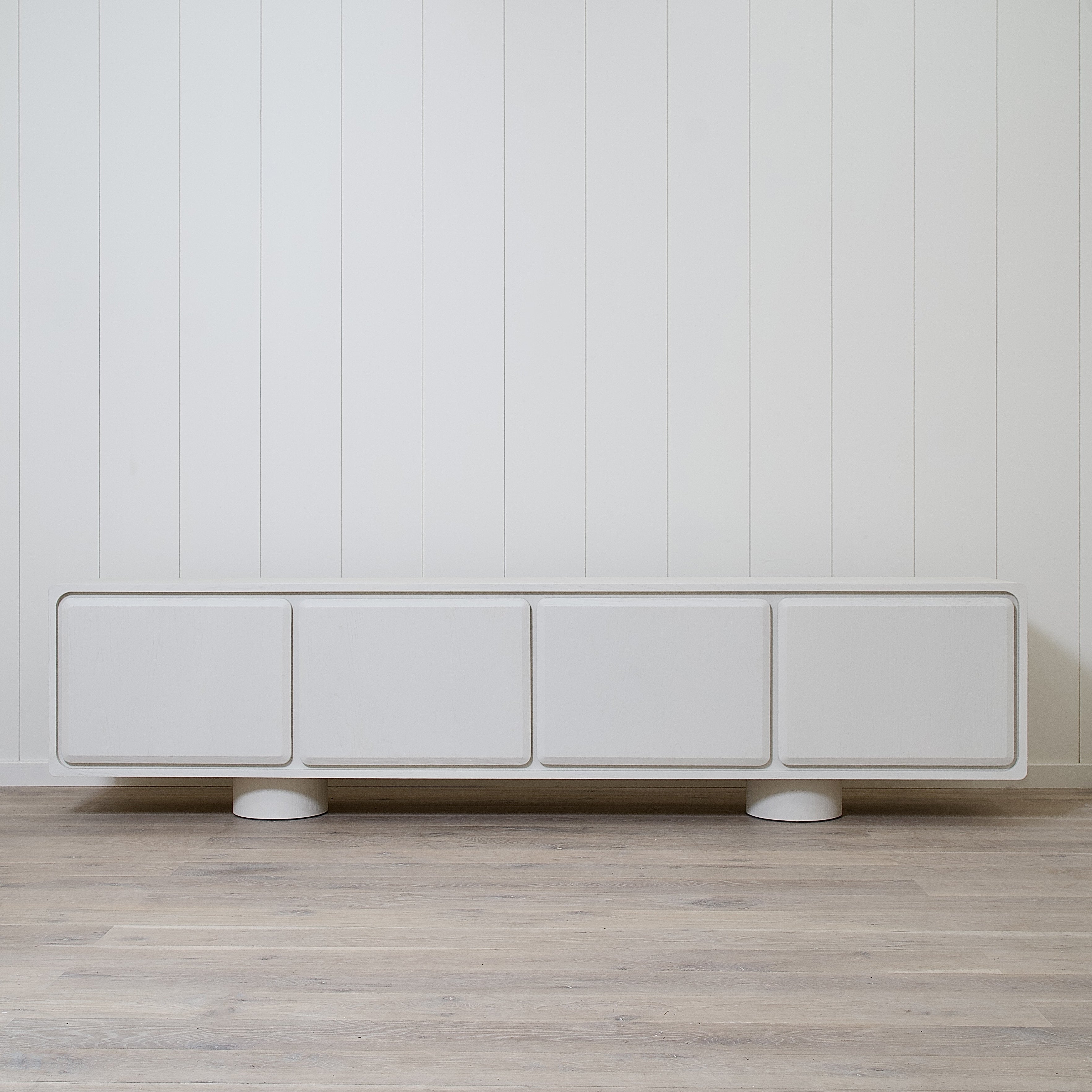 As Shown: 120"W x 18"D x 30"H | Materiai: Ash | Finish: Wire Brushed Edgecomb Grey