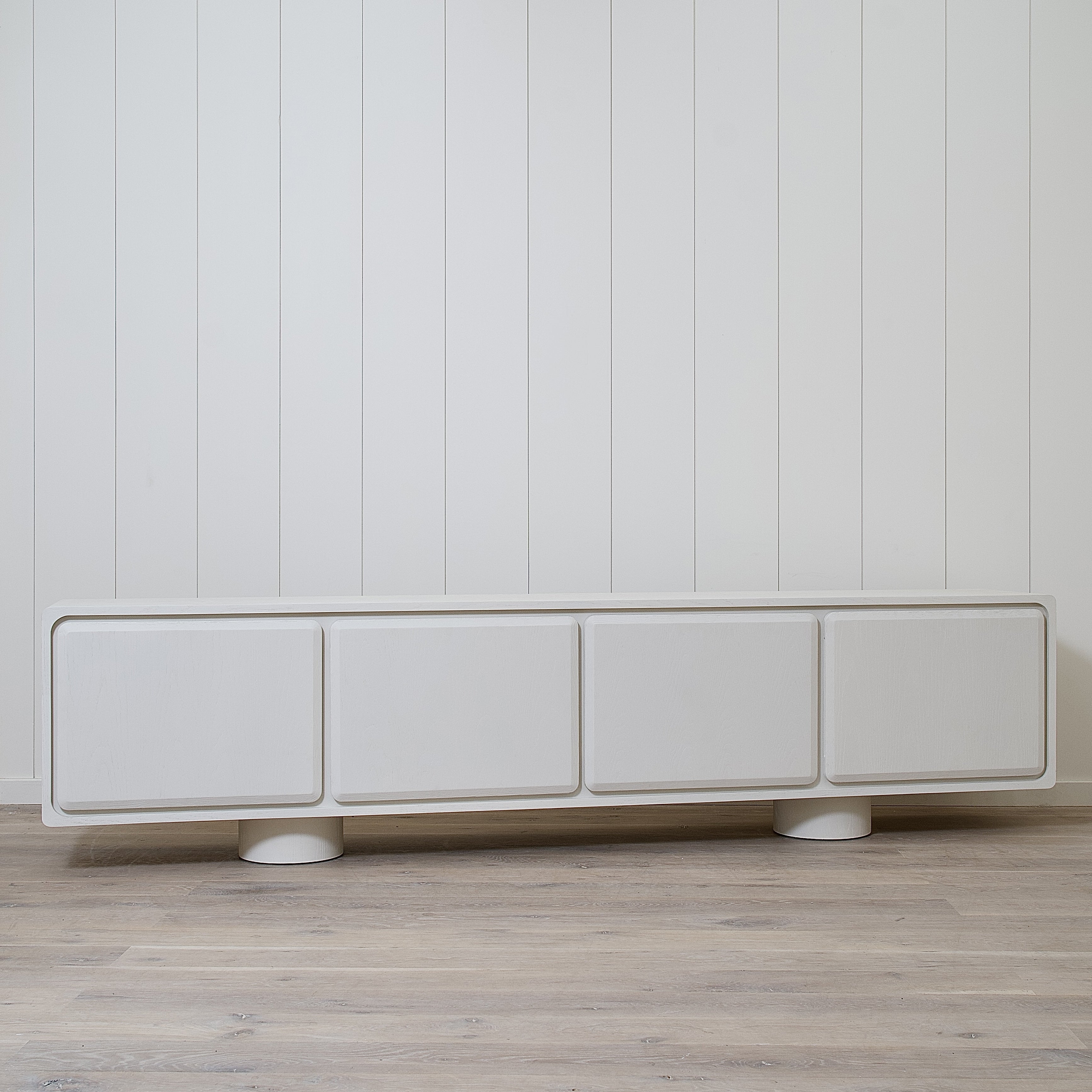 As Shown: 120"W x 18"D x 30"H | Materiai: Ash | Finish: Wire Brushed Edgecomb Grey