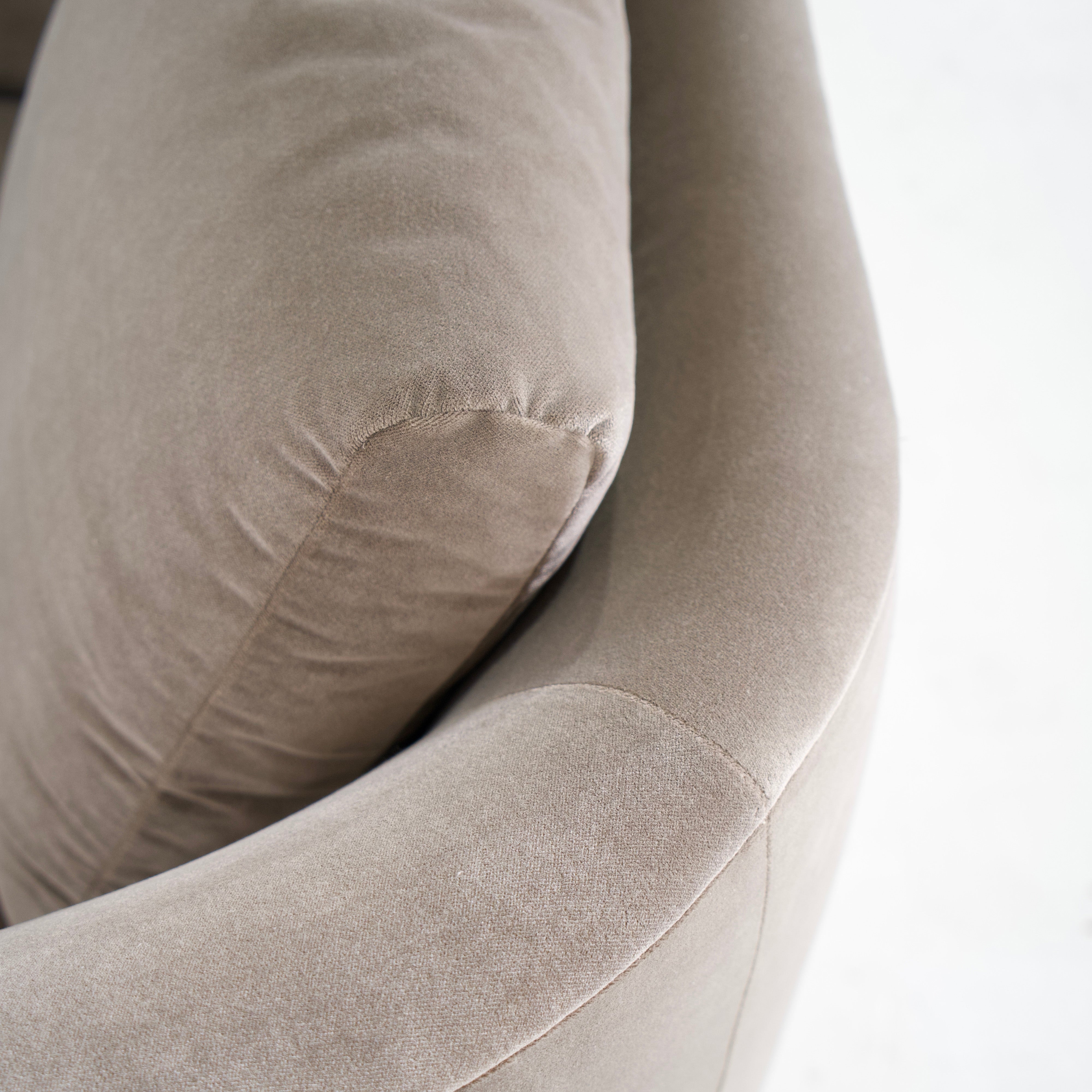 As Shown: in Sky Taupe with oak legs stained in Mint White Natural.