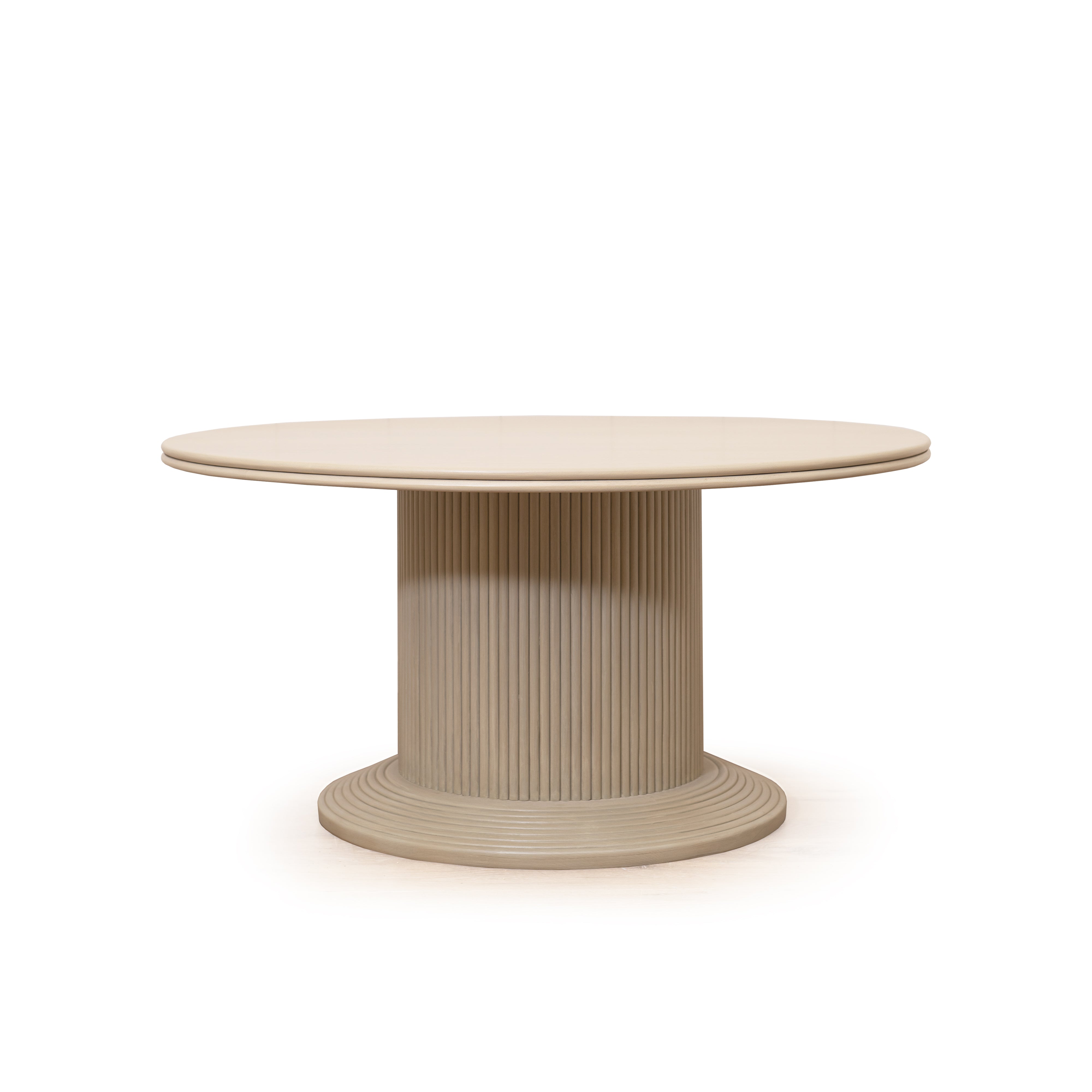 As Shown: 58"Dia x 30"H | Material: Solid Oak | Edge: Double Bullnosed | Base: Reeded | Finish: Sand