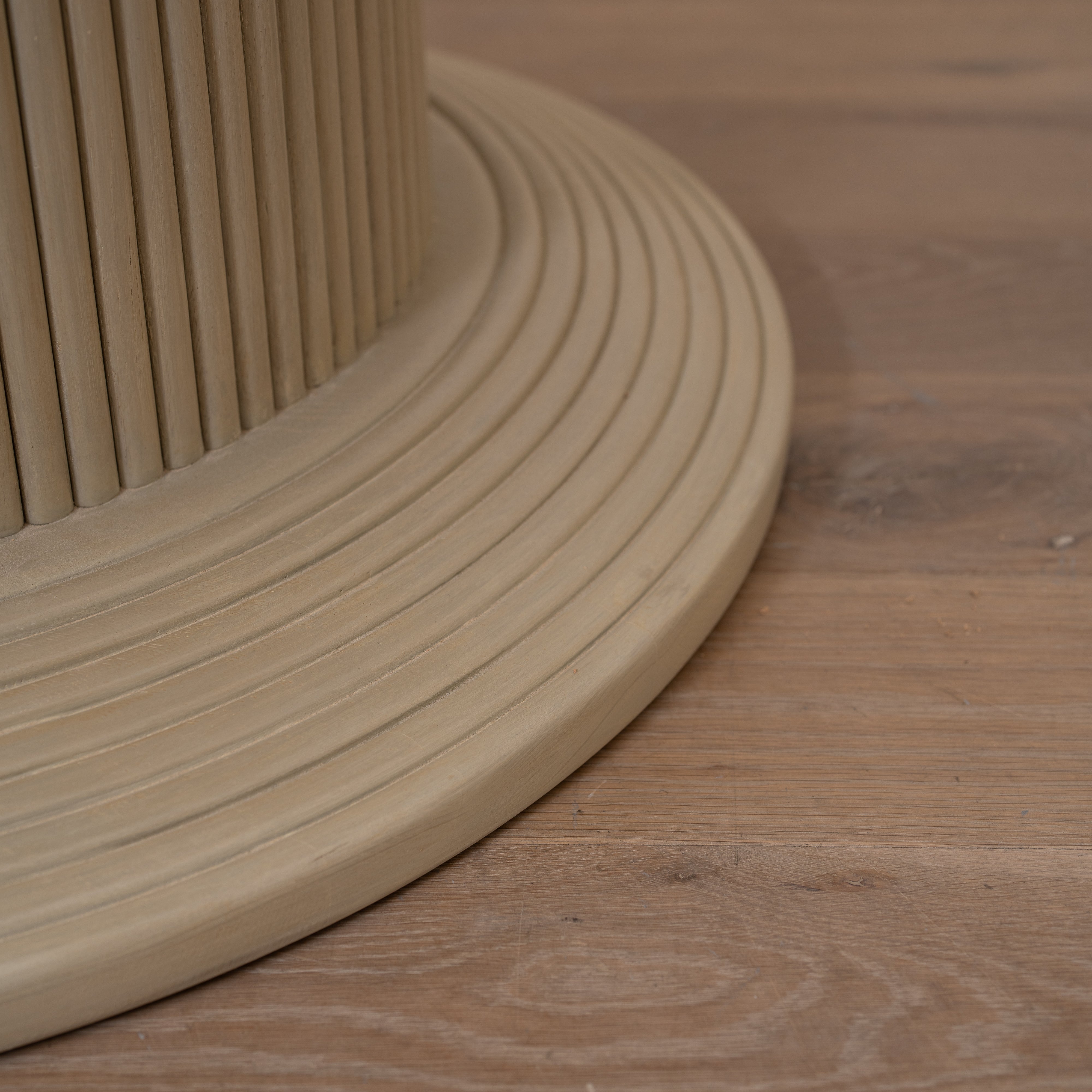 As Shown: 58"Dia x 30"H | Material: Solid Oak | Edge: Double Bullnosed | Base: Reeded | Finish: Sand