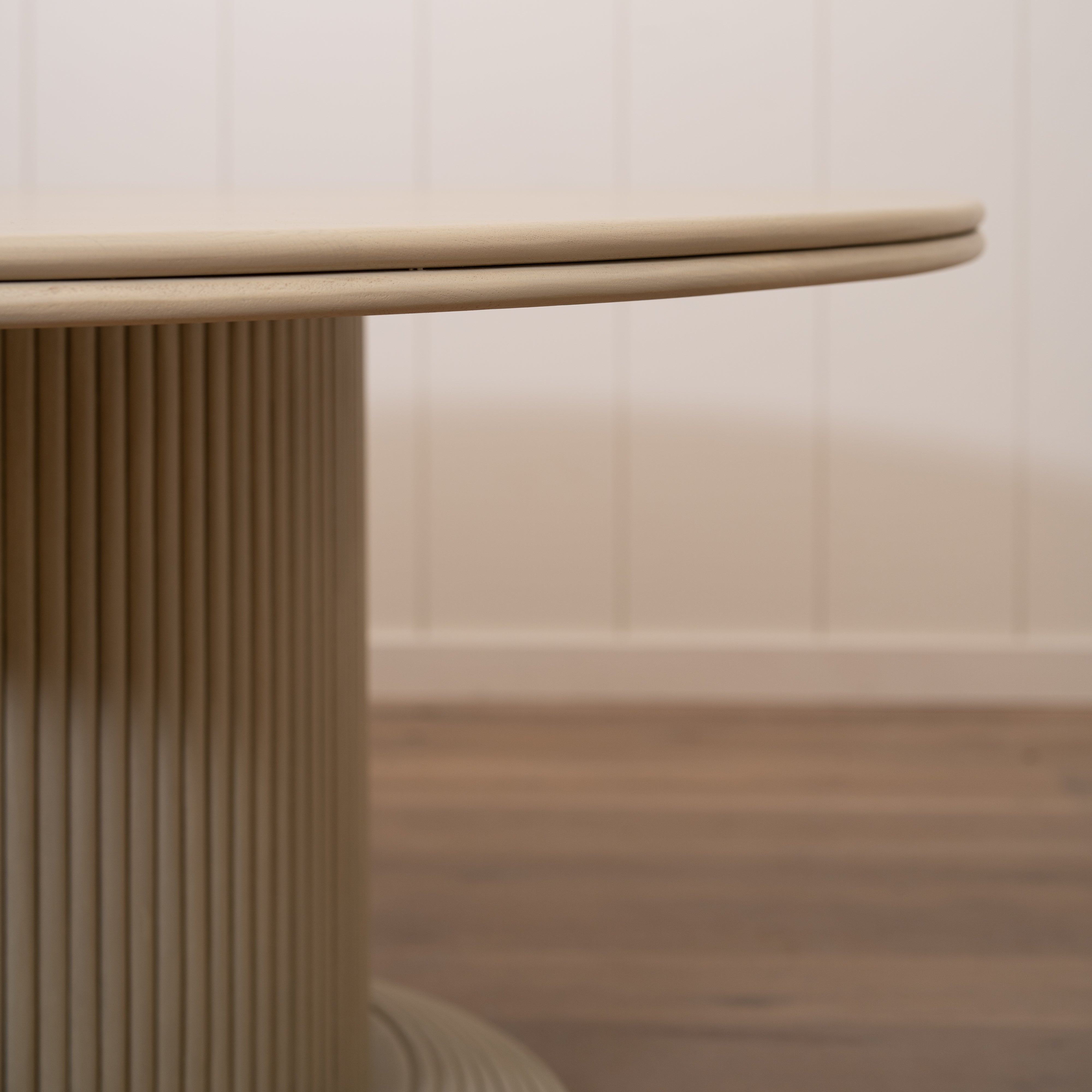 As Shown: 58"Dia x 30"H | Material: Solid Oak | Edge: Double Bullnosed | Base: Reeded | Finish: Sand