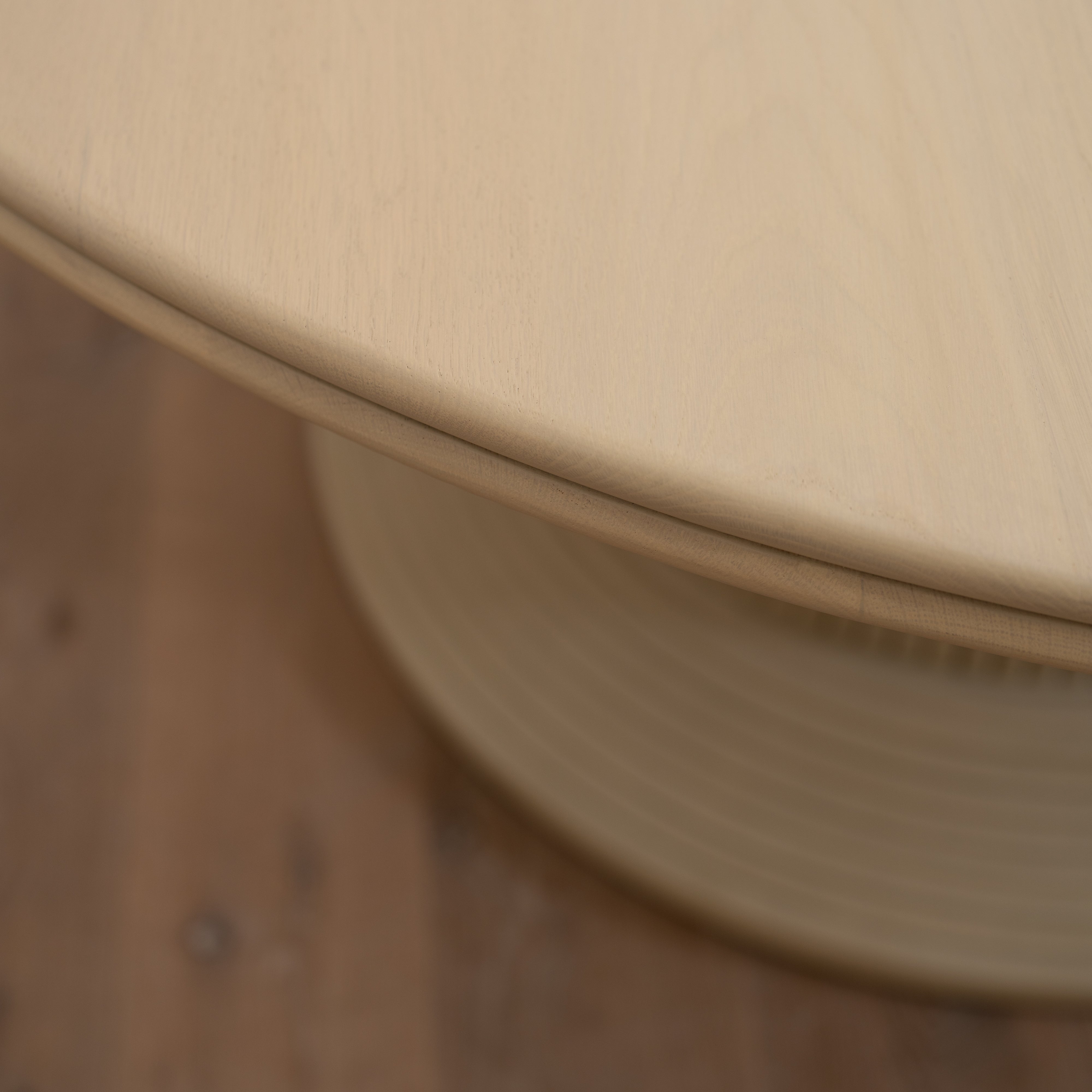 As Shown: 58"Dia x 30"H | Material: Solid Oak | Edge: Double Bullnosed | Base: Reeded | Finish: Sand