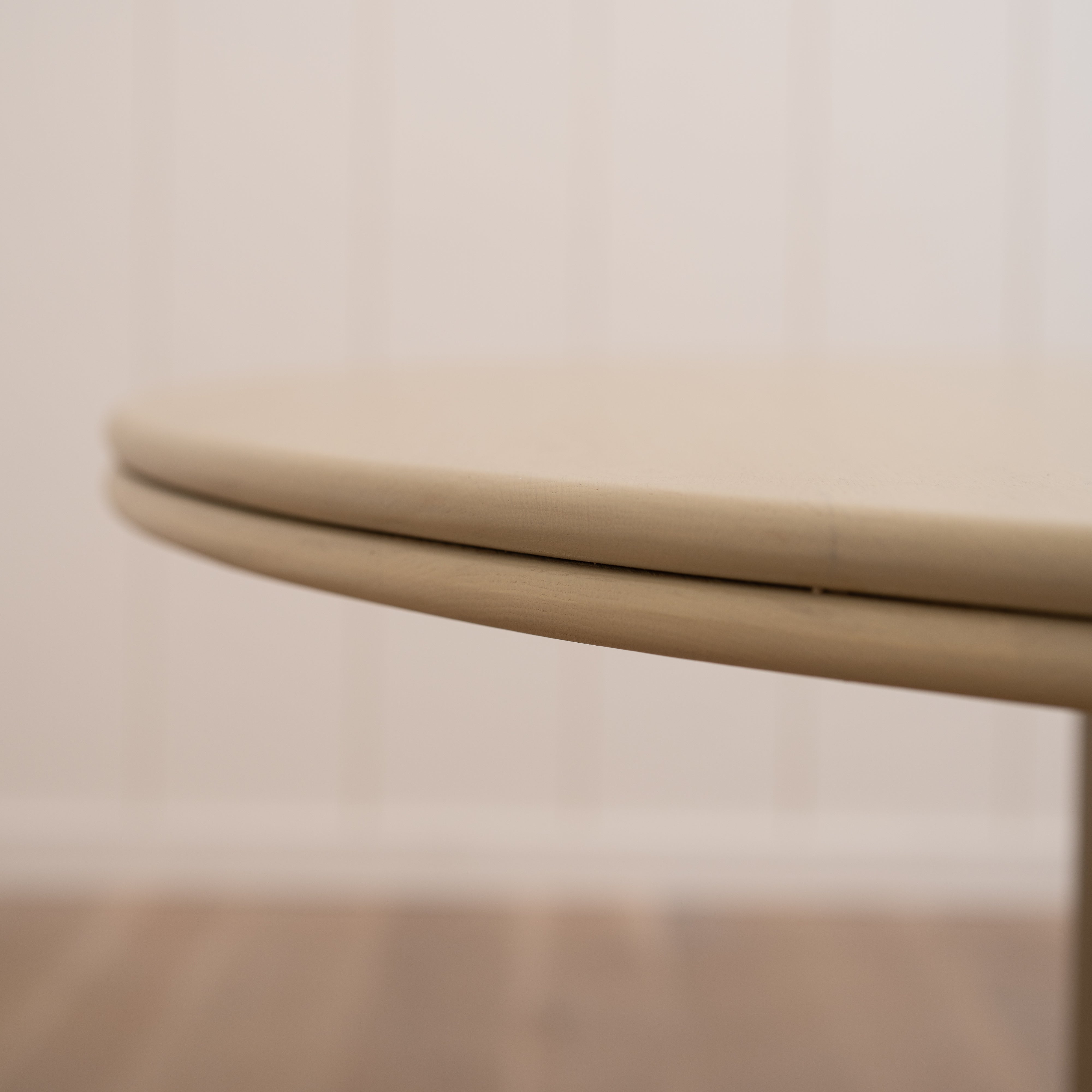 As Shown: 58"Dia x 30"H | Material: Solid Oak | Edge: Double Bullnosed | Base: Reeded | Finish: Sand