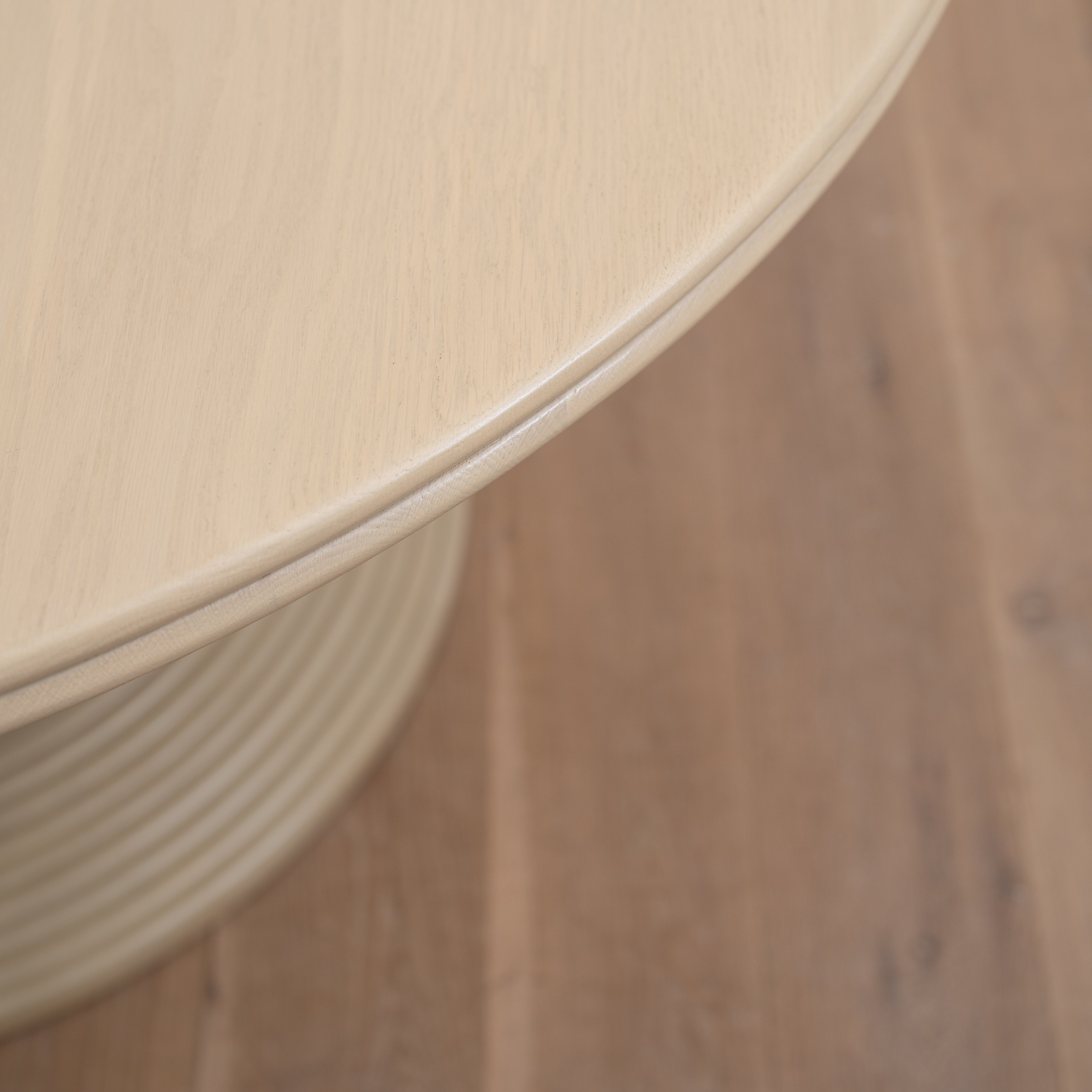 As Shown: 58"Dia x 30"H | Material: Solid Oak | Edge: Double Bullnosed | Base: Reeded | Finish: Sand