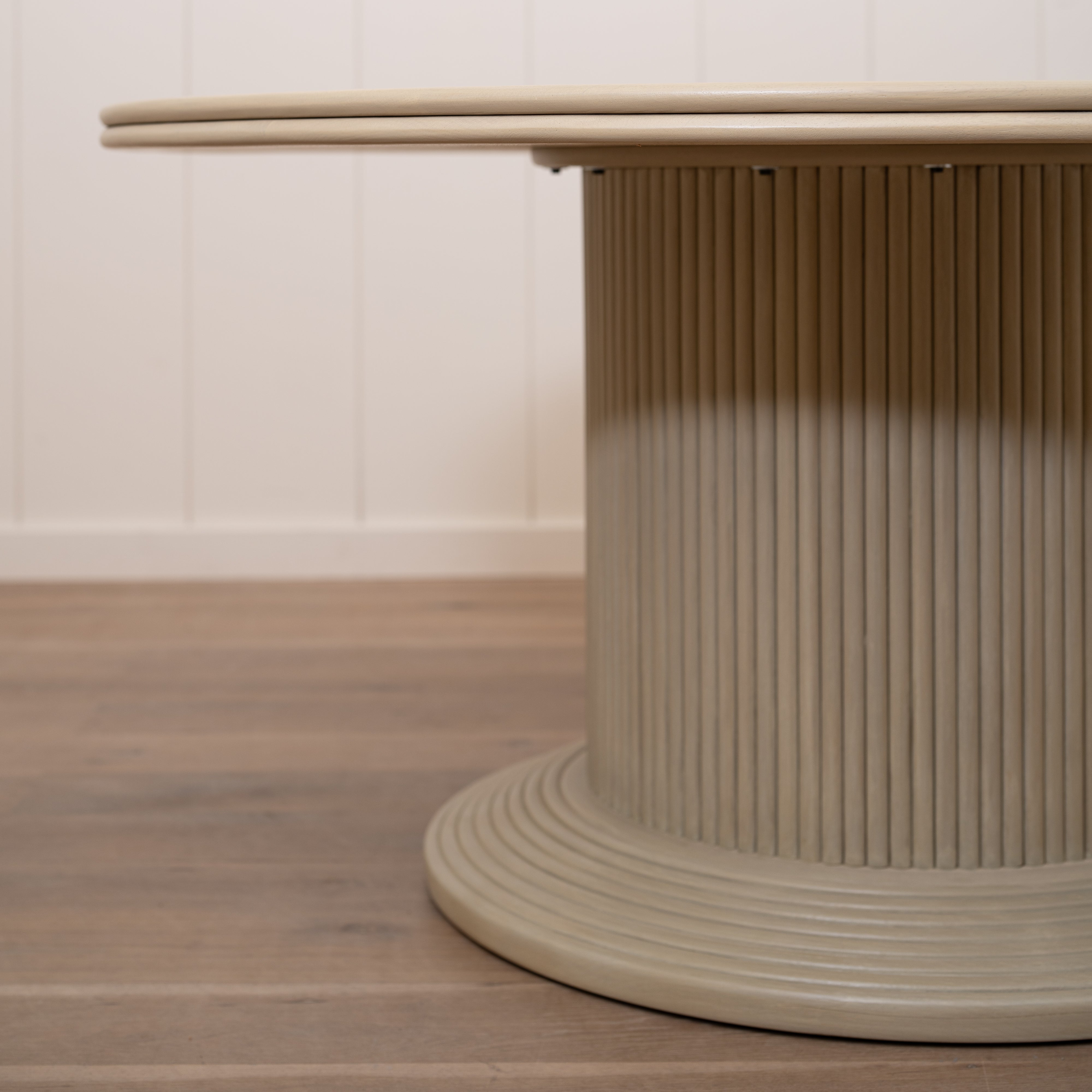 As Shown: 58"Dia x 30"H | Material: Solid Oak | Edge: Double Bullnosed | Base: Reeded | Finish: Sand