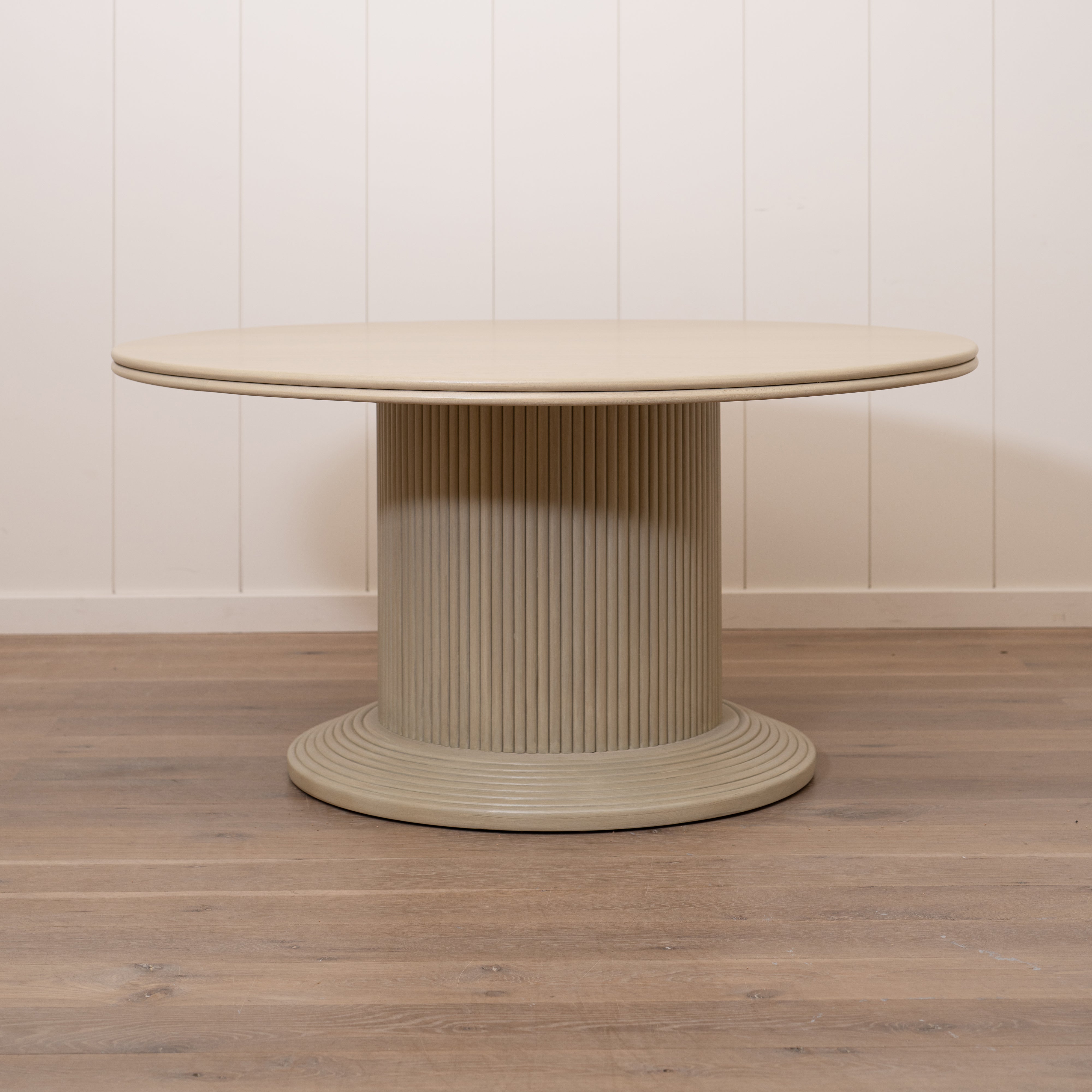 As Shown: 58"Dia x 30"H | Material: Solid Oak | Edge: Double Bullnosed | Base: Reeded | Finish: Sand