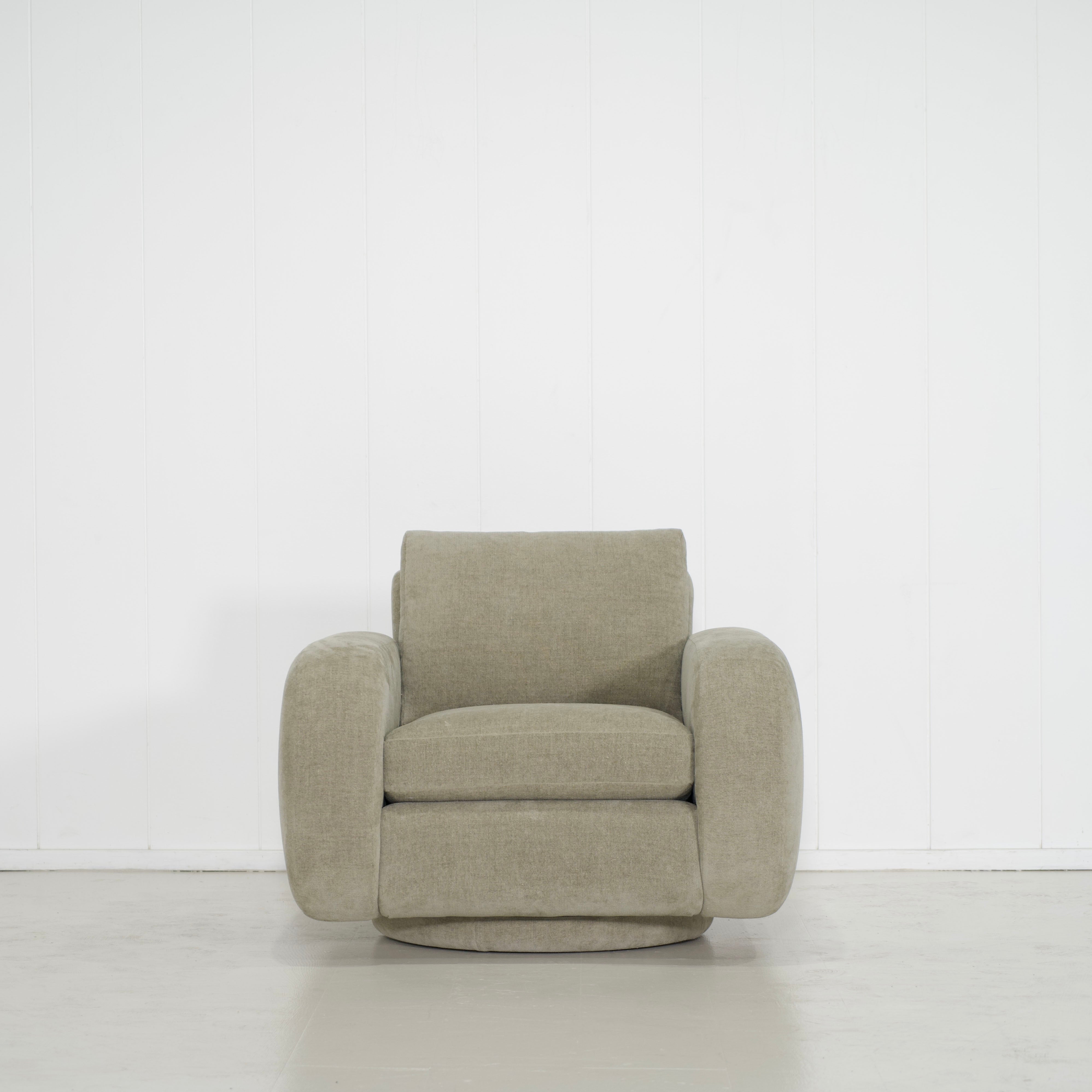 As Shown: in Bellamy Moss, upholstered base, swivel.