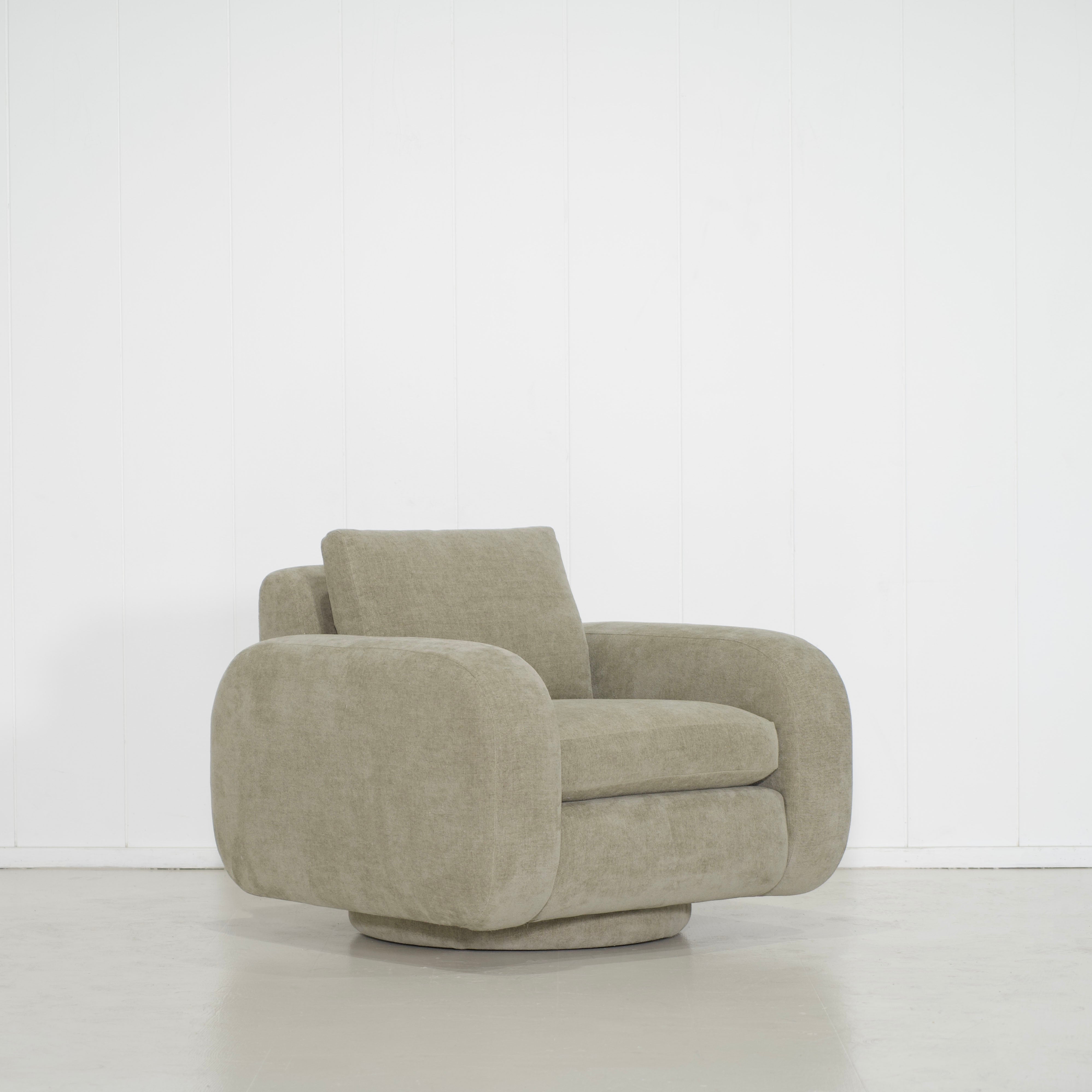 As Shown: in Bellamy Moss, upholstered base, swivel.