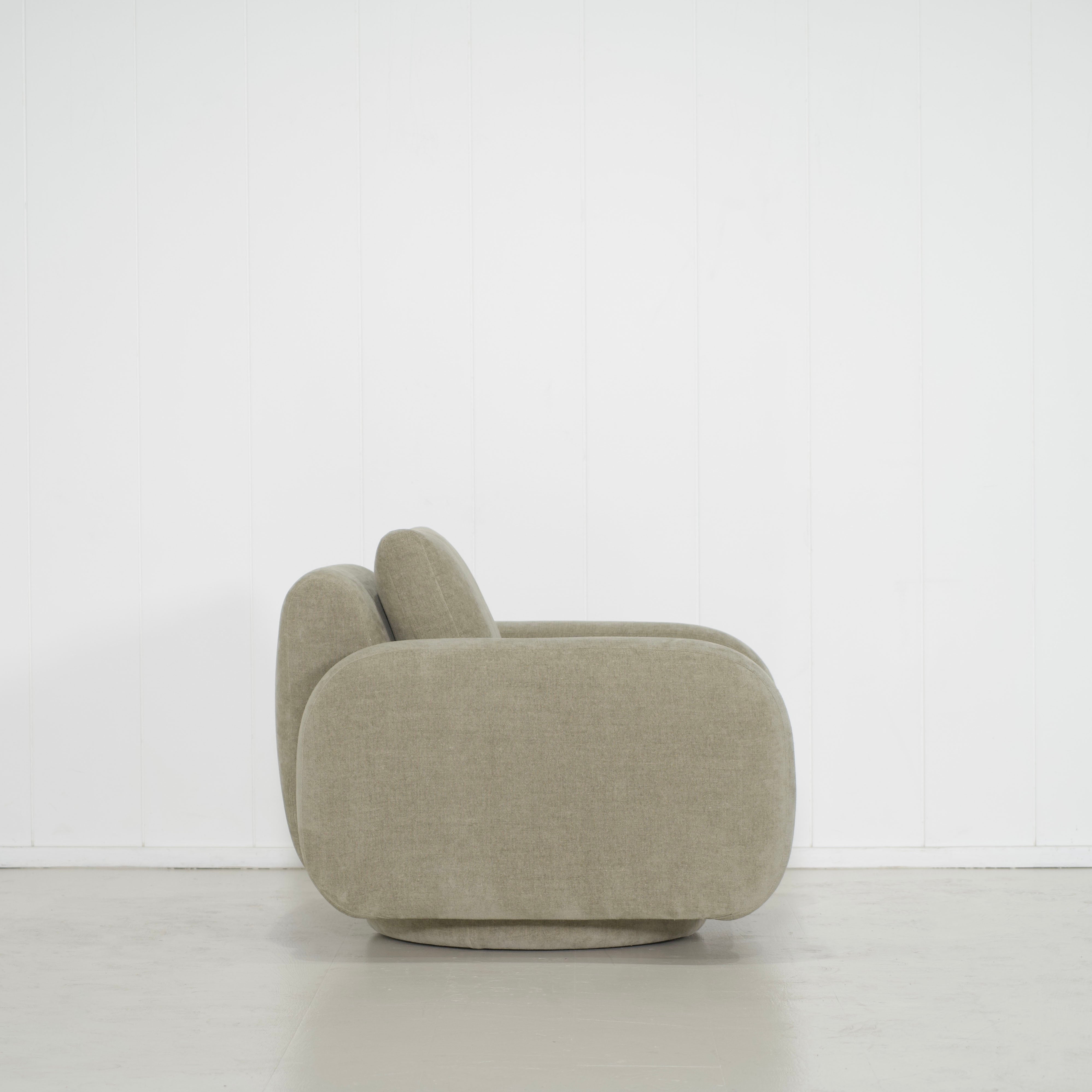 As Shown: in Bellamy Moss, upholstered base, swivel.