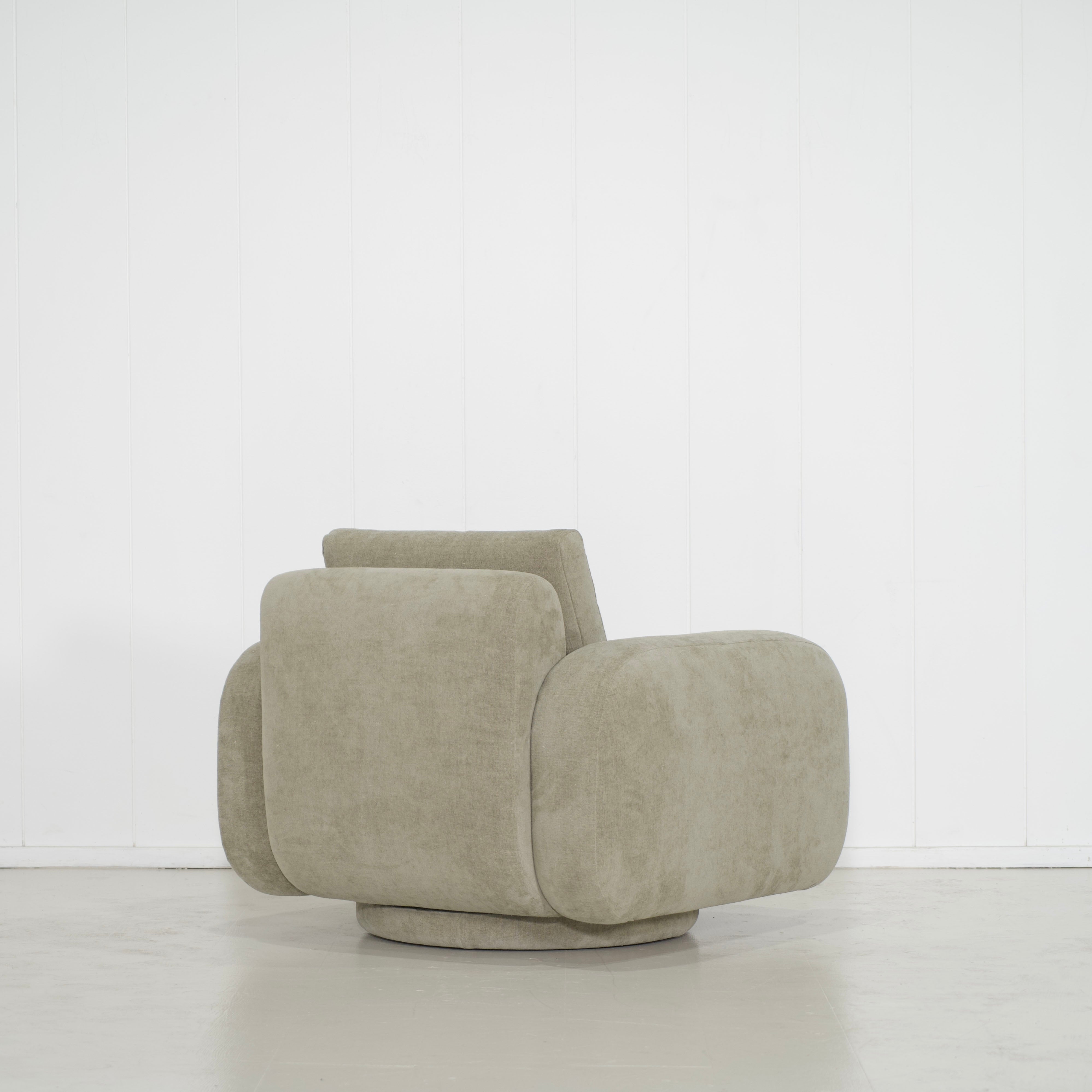 As Shown: in Bellamy Moss, upholstered base, swivel.