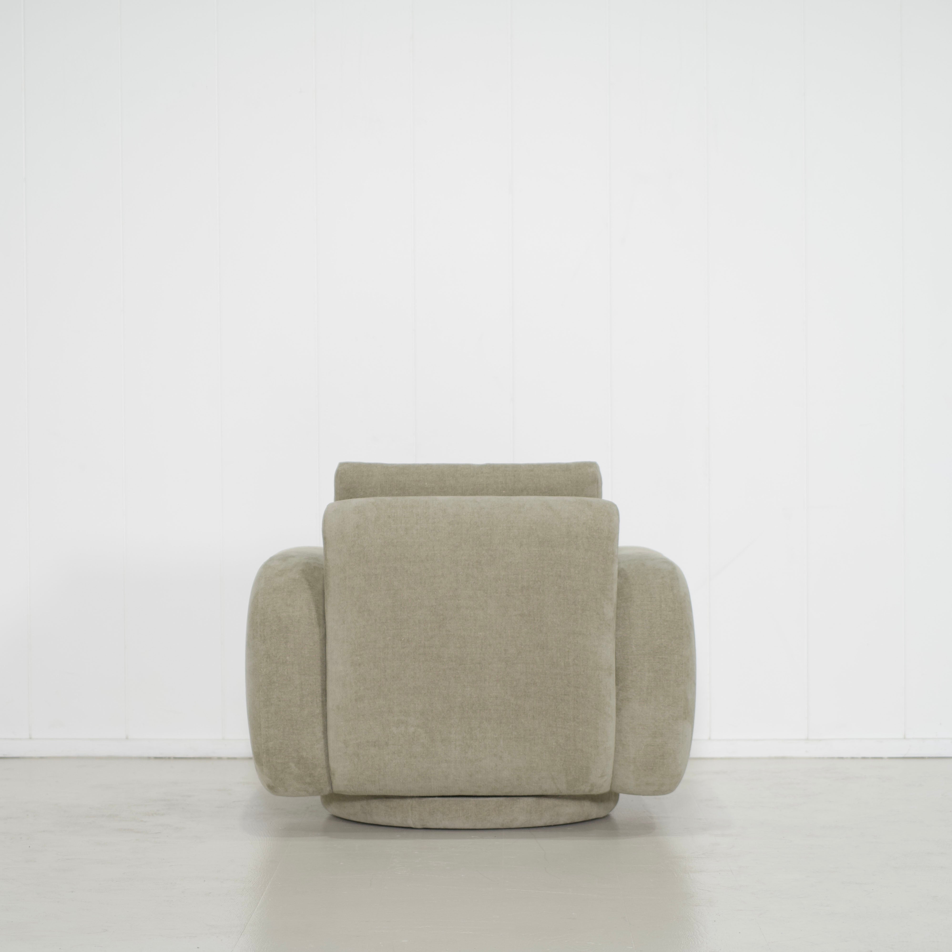 As Shown: in Bellamy Moss, upholstered base, swivel.